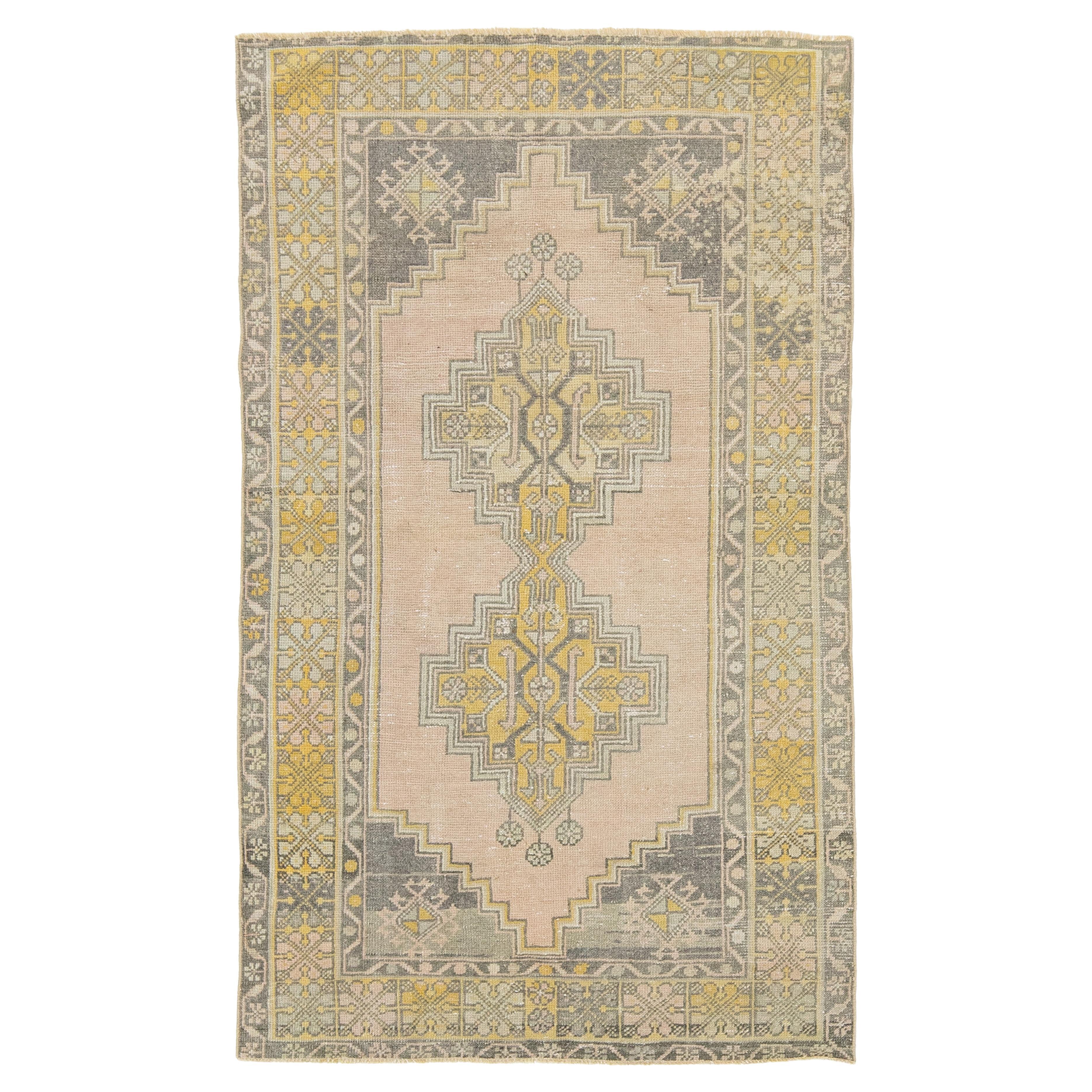 Vintage 1950s Turkish Kars Rug Hand-Knotted Wool In Muted Pastel Geometric Motif For Sale