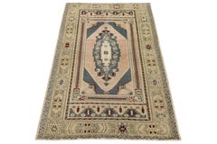 Vintage 1950s Turkish Kars Rug – Hand-Knotted Wool – Pink & Slate Blue Medallion