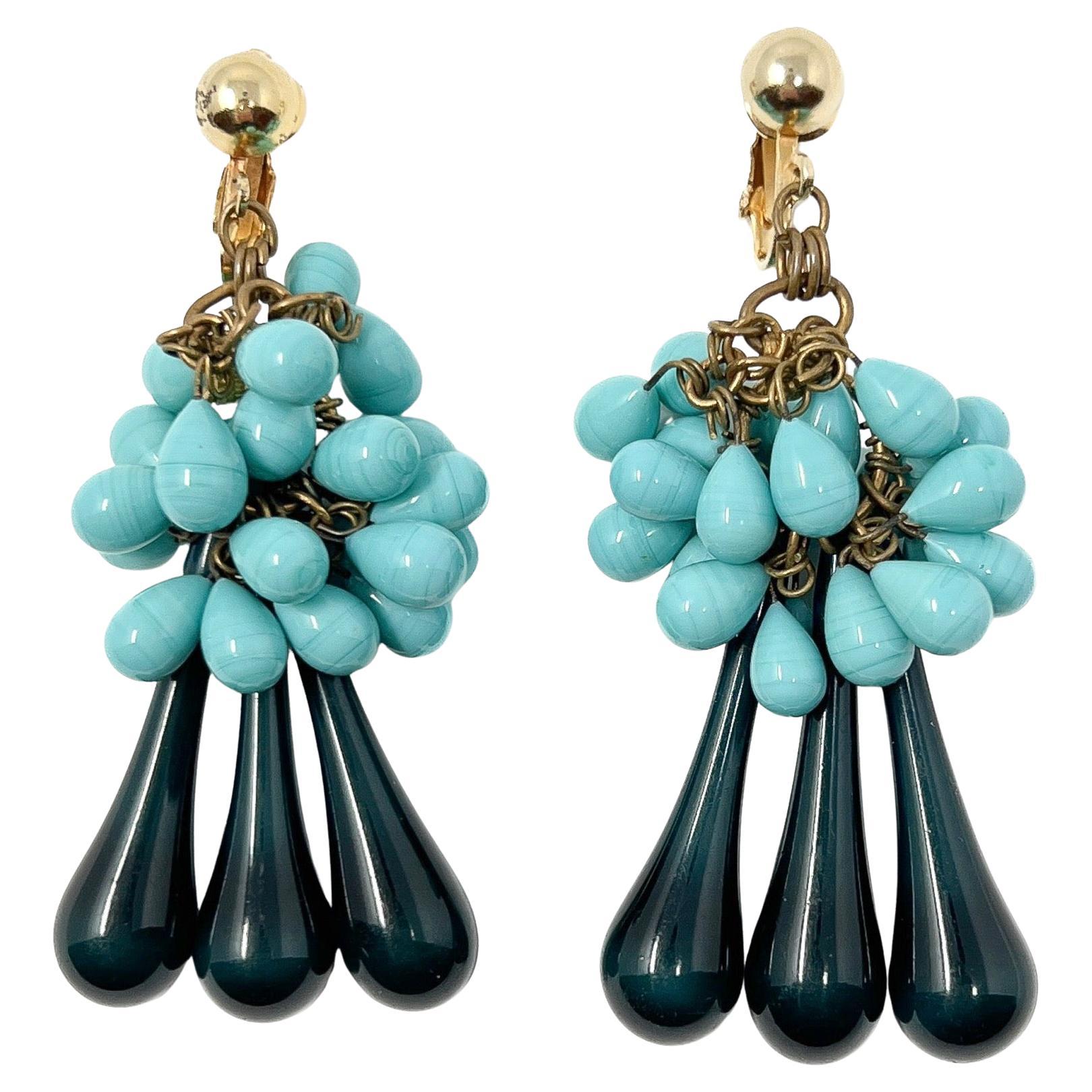 Vintage 1950s Turquoise and Blue Glass Bead Statement Drop Earrings For Sale