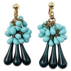 Vintage 1950s Turquoise and Blue Glass Bead Statement Drop Earrings