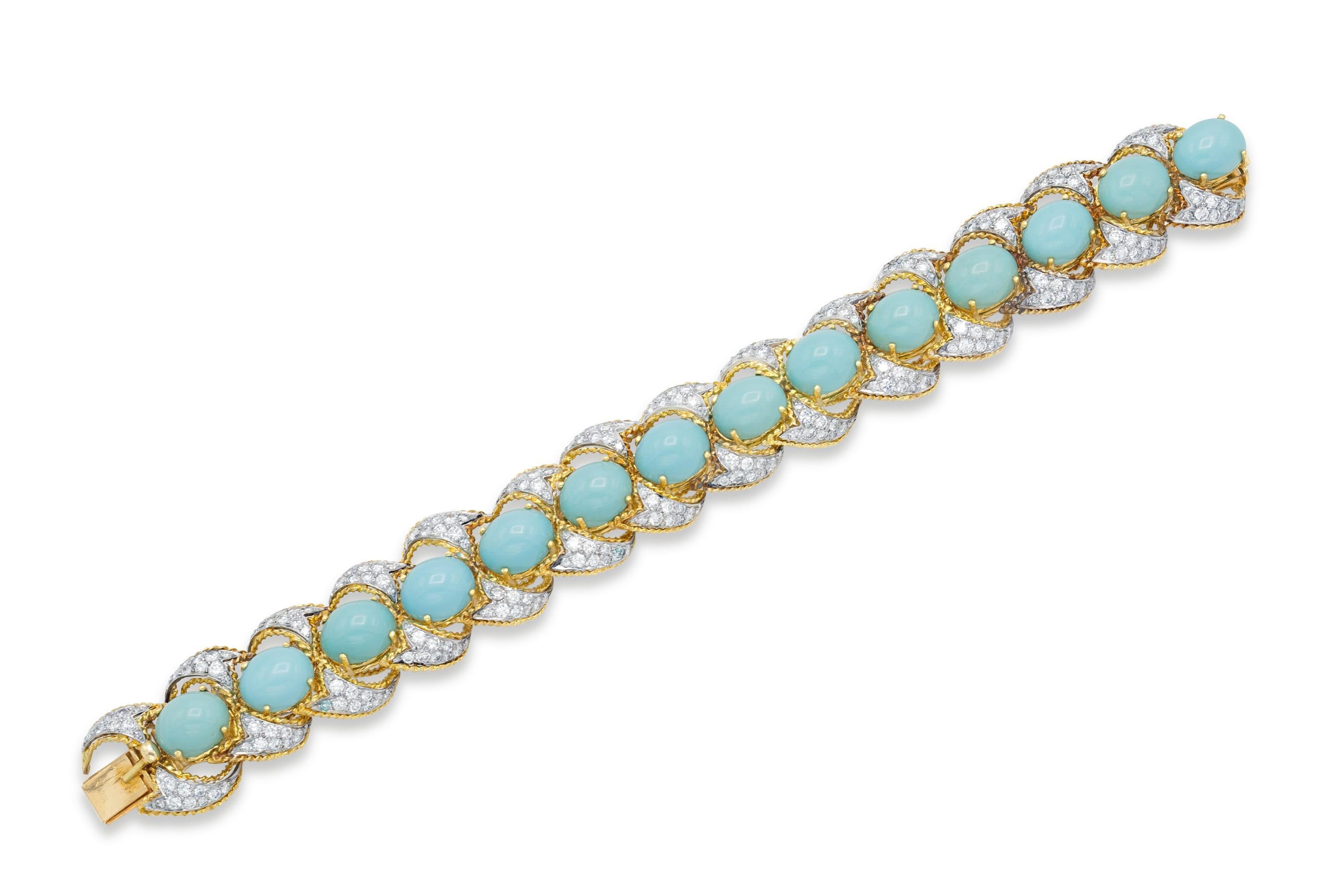 Finely crafted in 18k yellow and white gold featuring 14 Cabochon Turquoise and Round Brilliant cut Diamonds weighing a total of approximately 15.00 carats.
Circa 1950s
7 3/4 inches