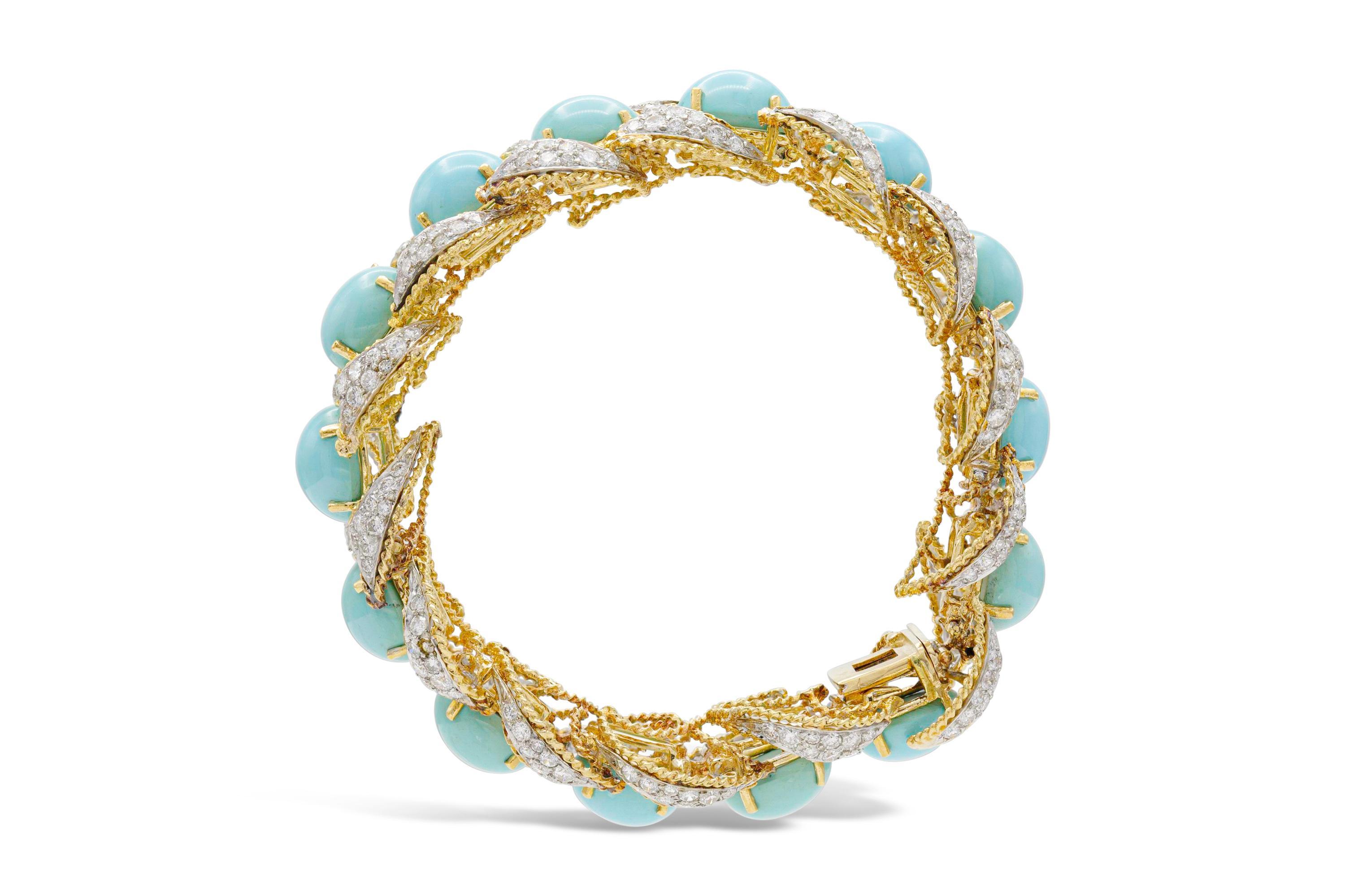 Cabochon Vintage 1950s Turquoise and Diamond Bracelet For Sale