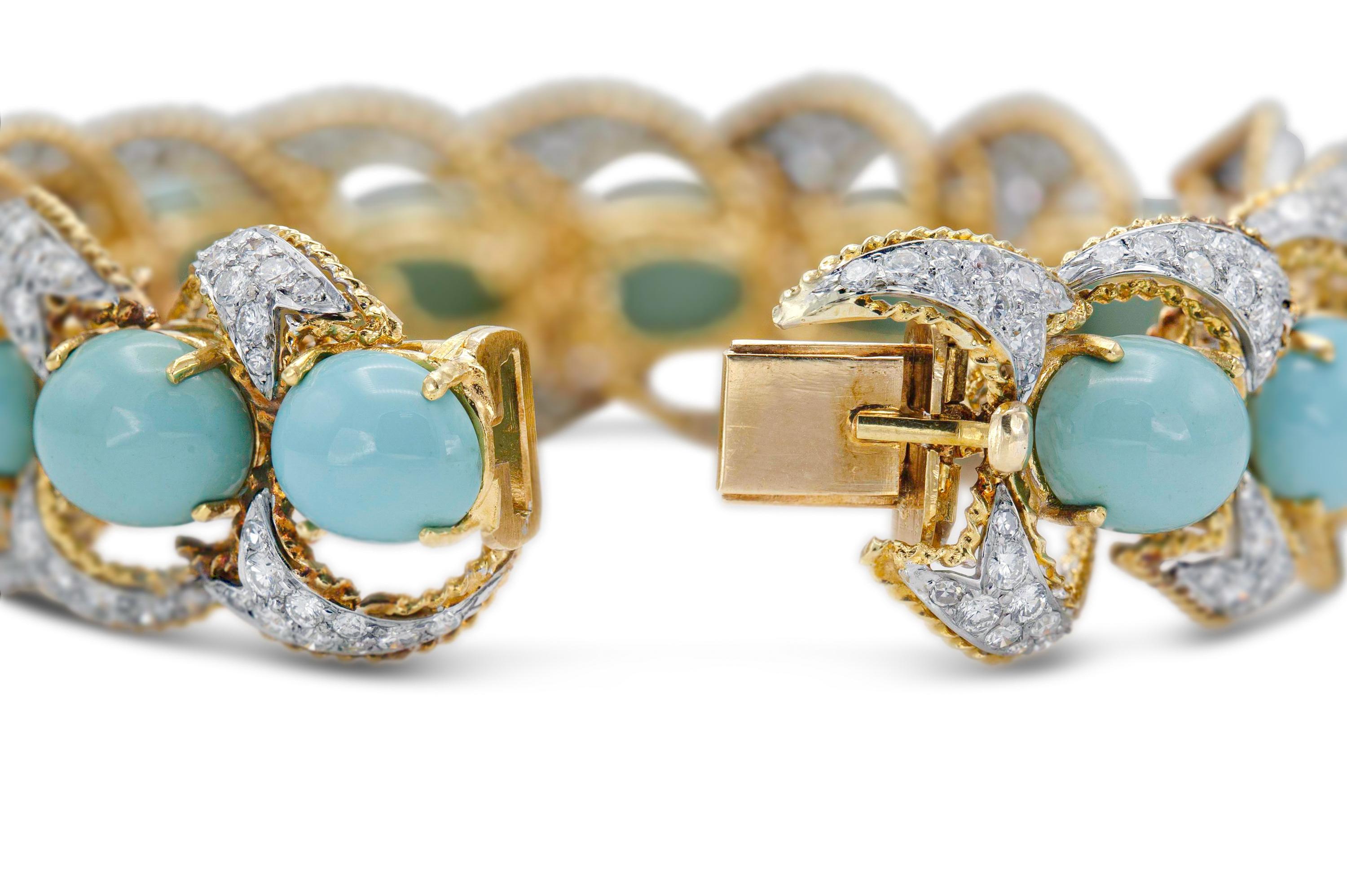 Vintage 1950s Turquoise and Diamond Bracelet In Good Condition For Sale In New York, NY