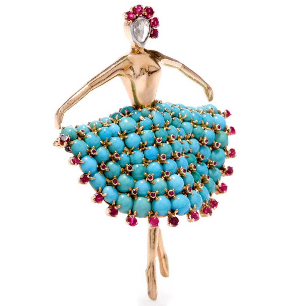 This delightful vintage ballerina brooch crafted in 18 karat yellow gold weighs 24.7 grams and measures 2.6
