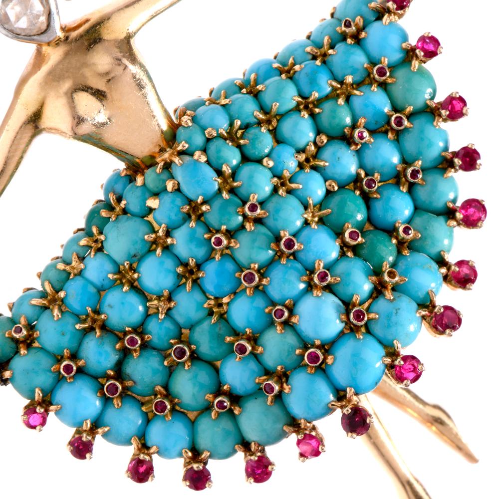 Vintage 1950s Turquoise Ballerina Diamond Ruby Pin In Excellent Condition In Miami, FL