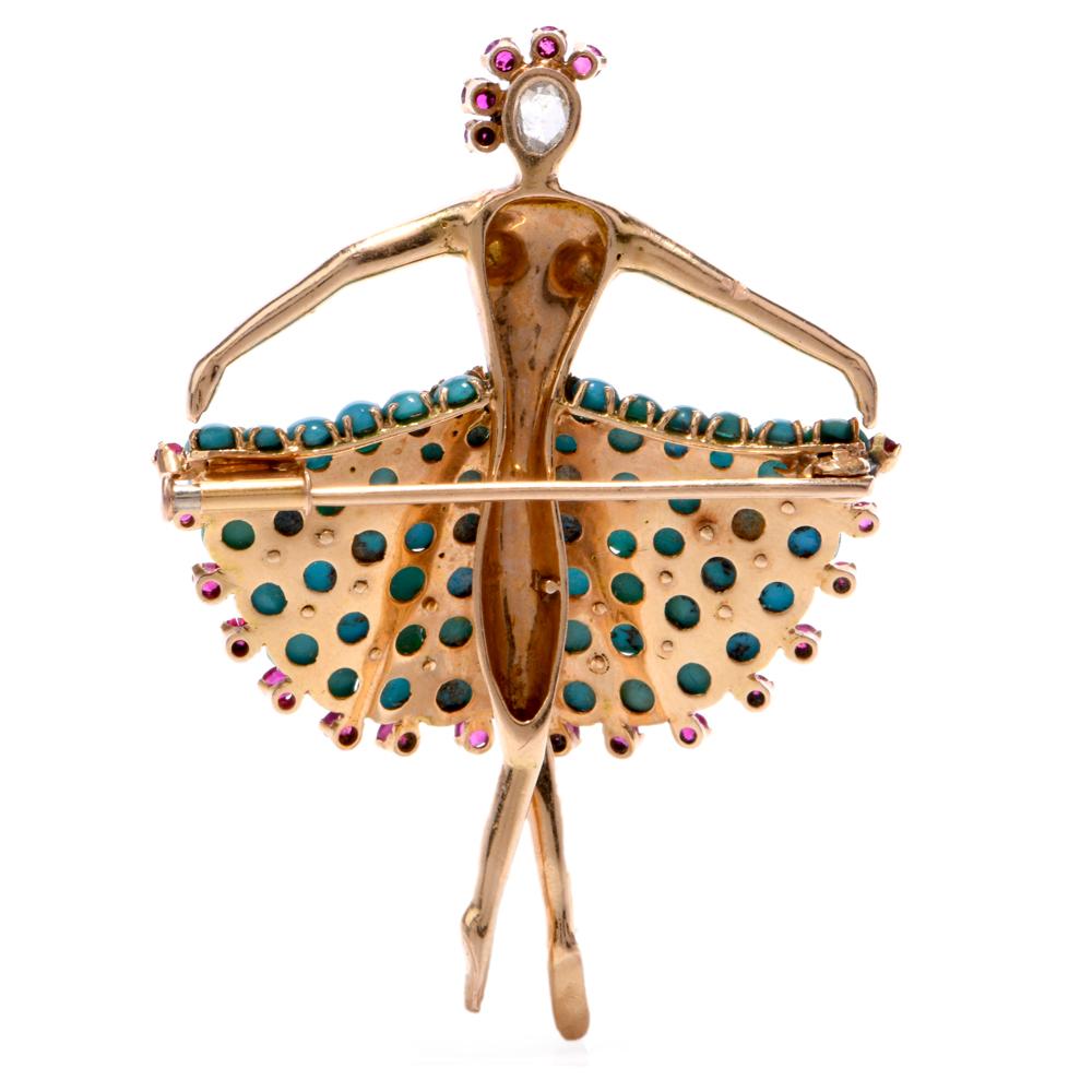 Women's or Men's Vintage 1950s Turquoise Ballerina Diamond Ruby Pin