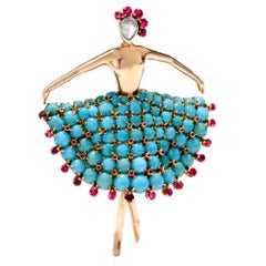 Retro 1950s Turquoise Ballerina Diamond Ruby Pin