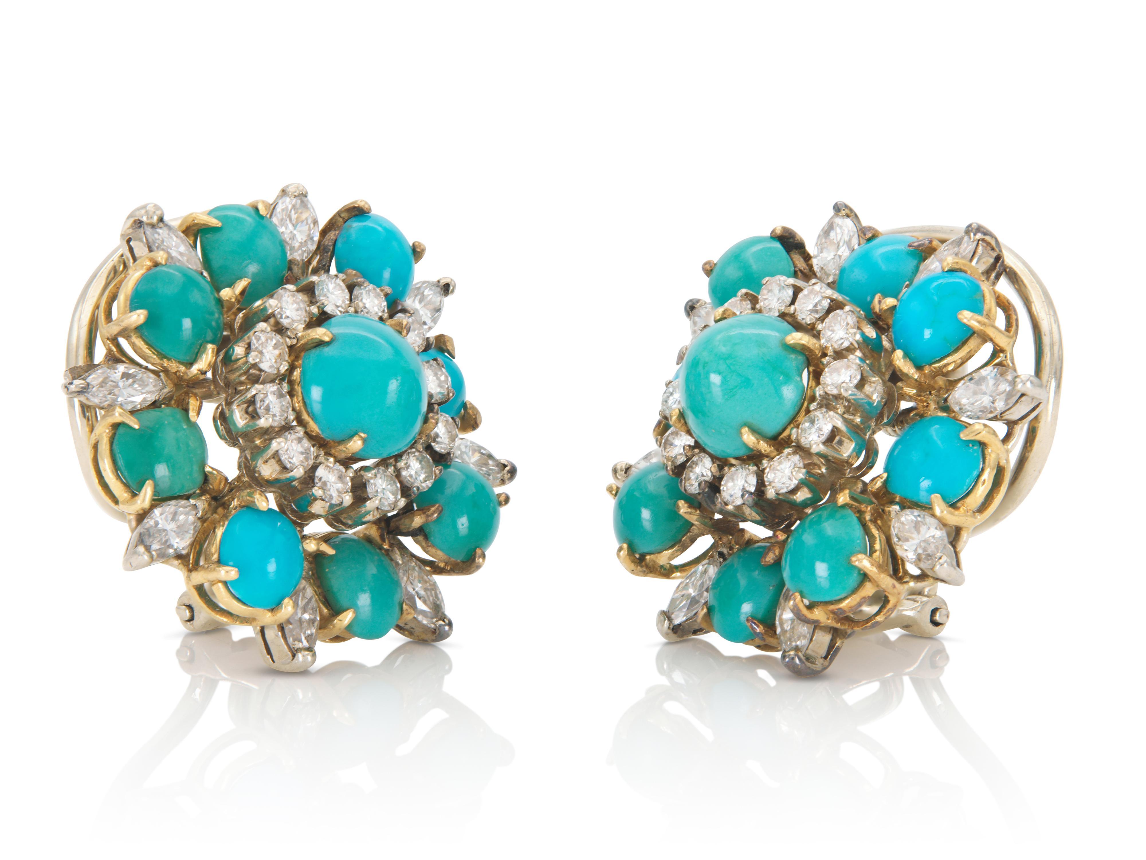 Finely crafted in 18k yellow and white gold with Turquoises as well as Round Brilliant and Marquise cut Diamonds weighing approximately a total of 2.00 carats.
Circa 1950s
7/8 inch diameter