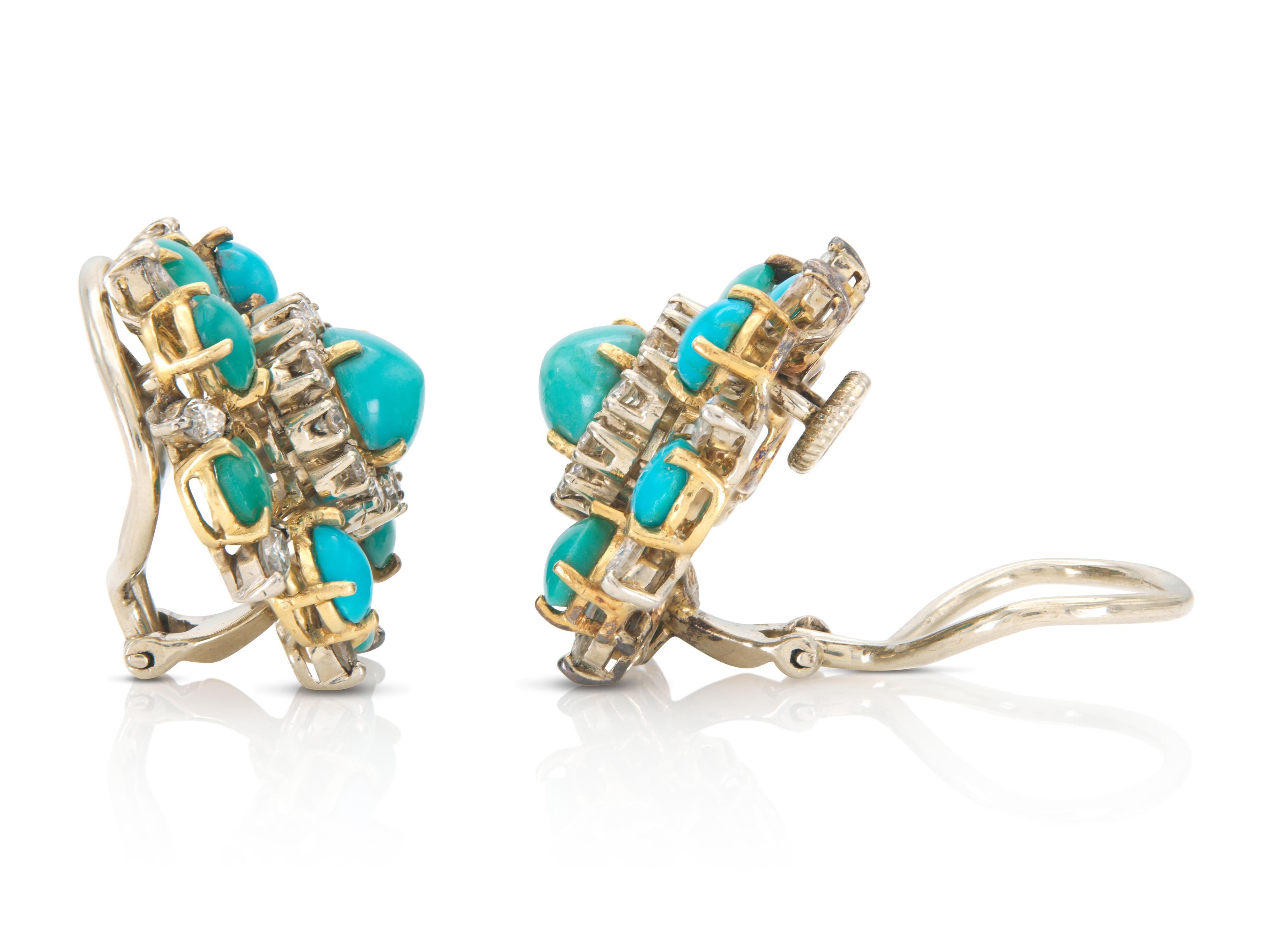 Cabochon Vintage 1950s Turquoise Flower Earrings with Diamonds For Sale