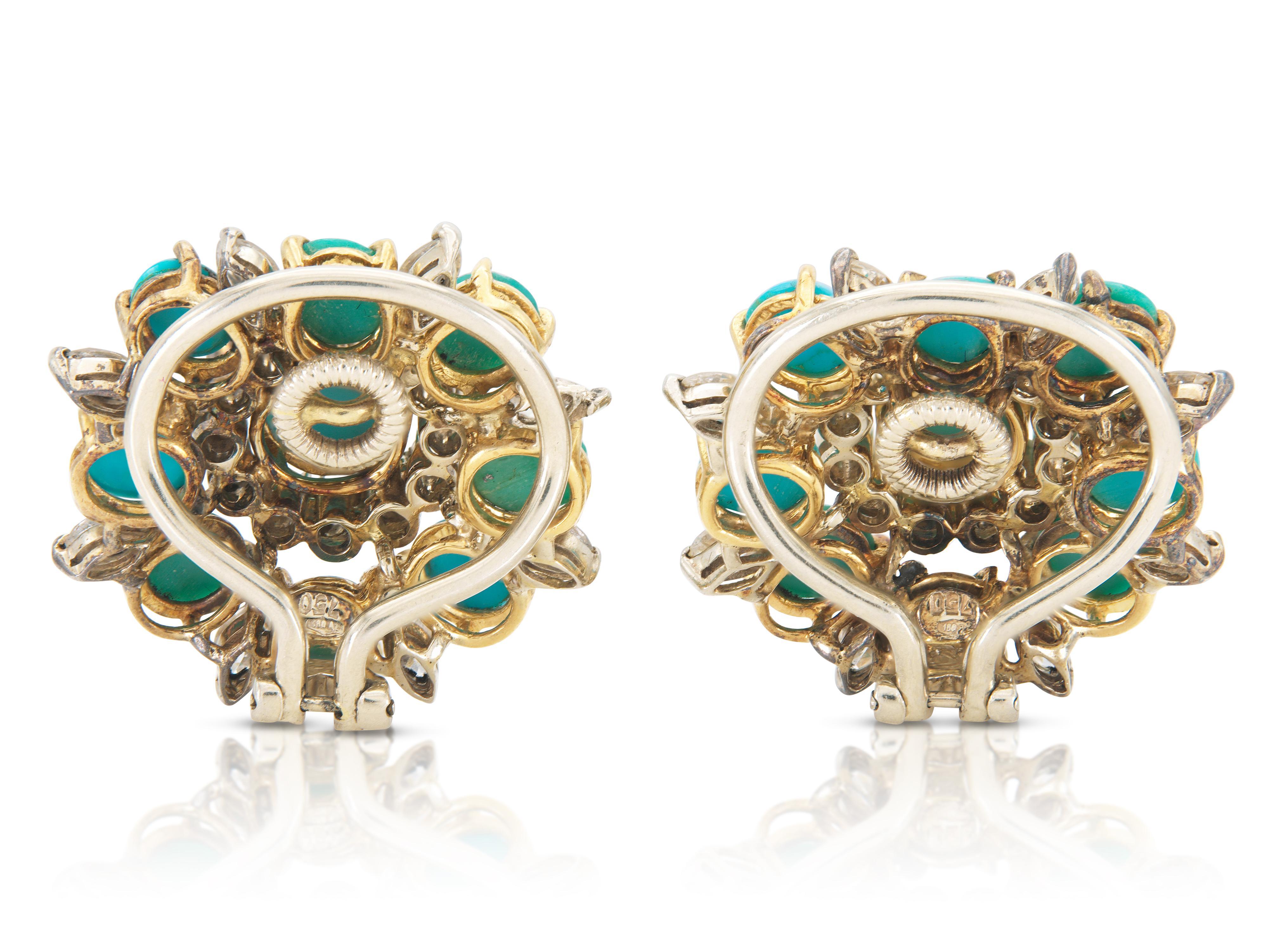 Vintage 1950s Turquoise Flower Earrings with Diamonds In Good Condition For Sale In New York, NY