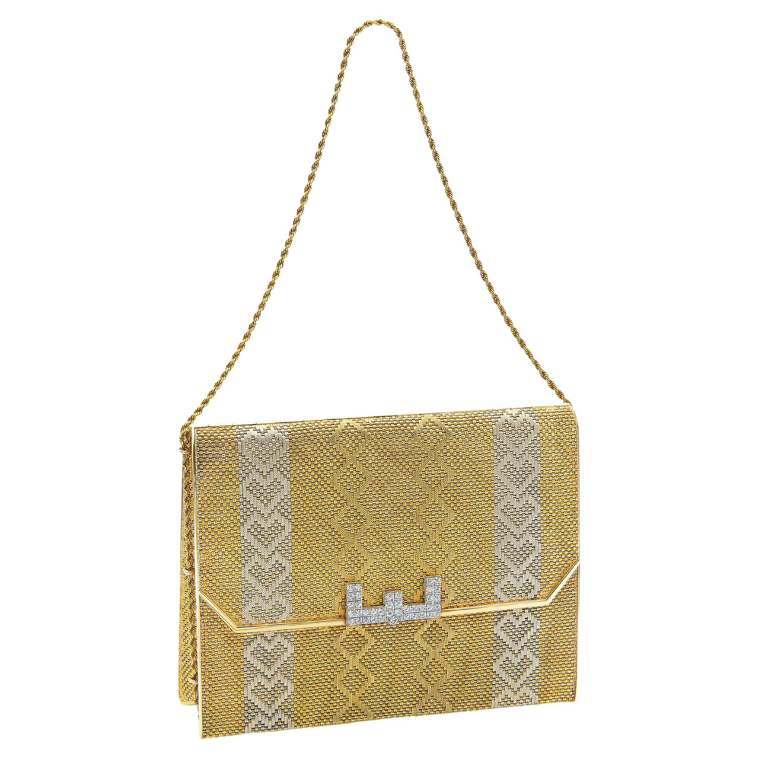 Vintage 1950s Two-Toned Gold Clutch Bag with Diamonds
