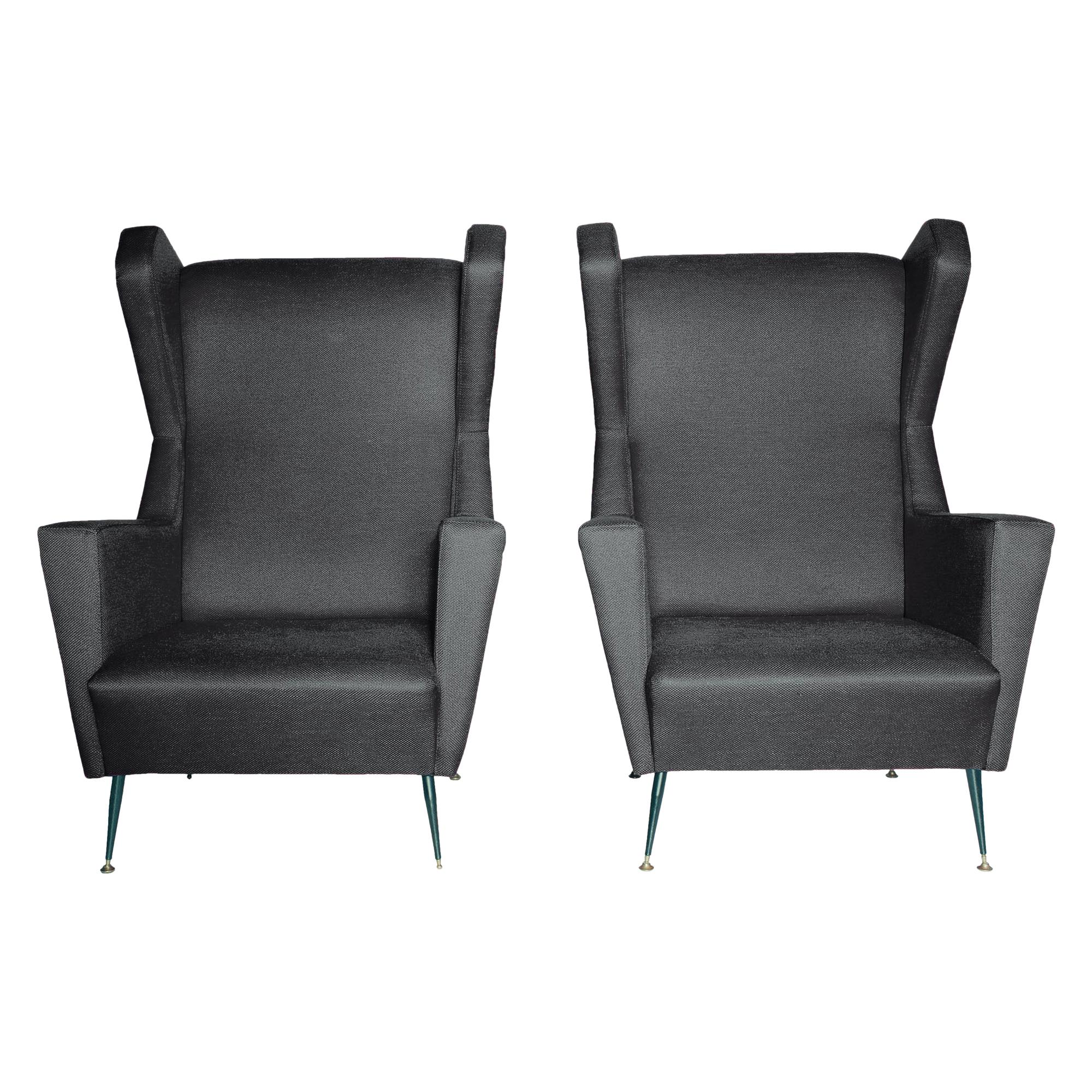 Vintage 1950s Upholstered Gio Ponti Italian Wing Chairs, Pair For Sale