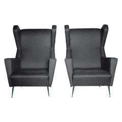 Retro 1950s Upholstered Gio Ponti Italian Wing Chairs, Pair