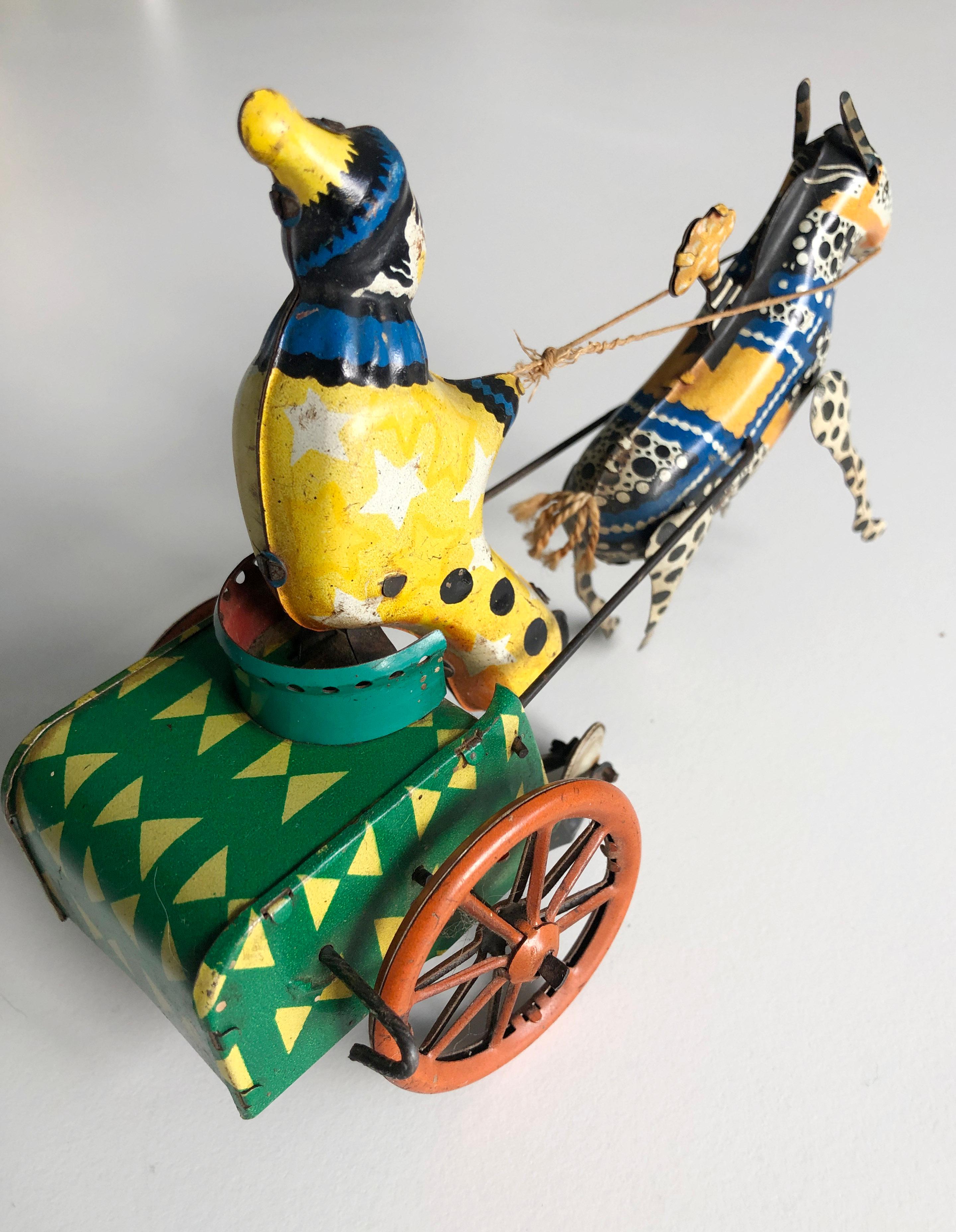 Vintage 1950's USSR Tin Windup Donkey Clown Carriage Toy For Sale 4