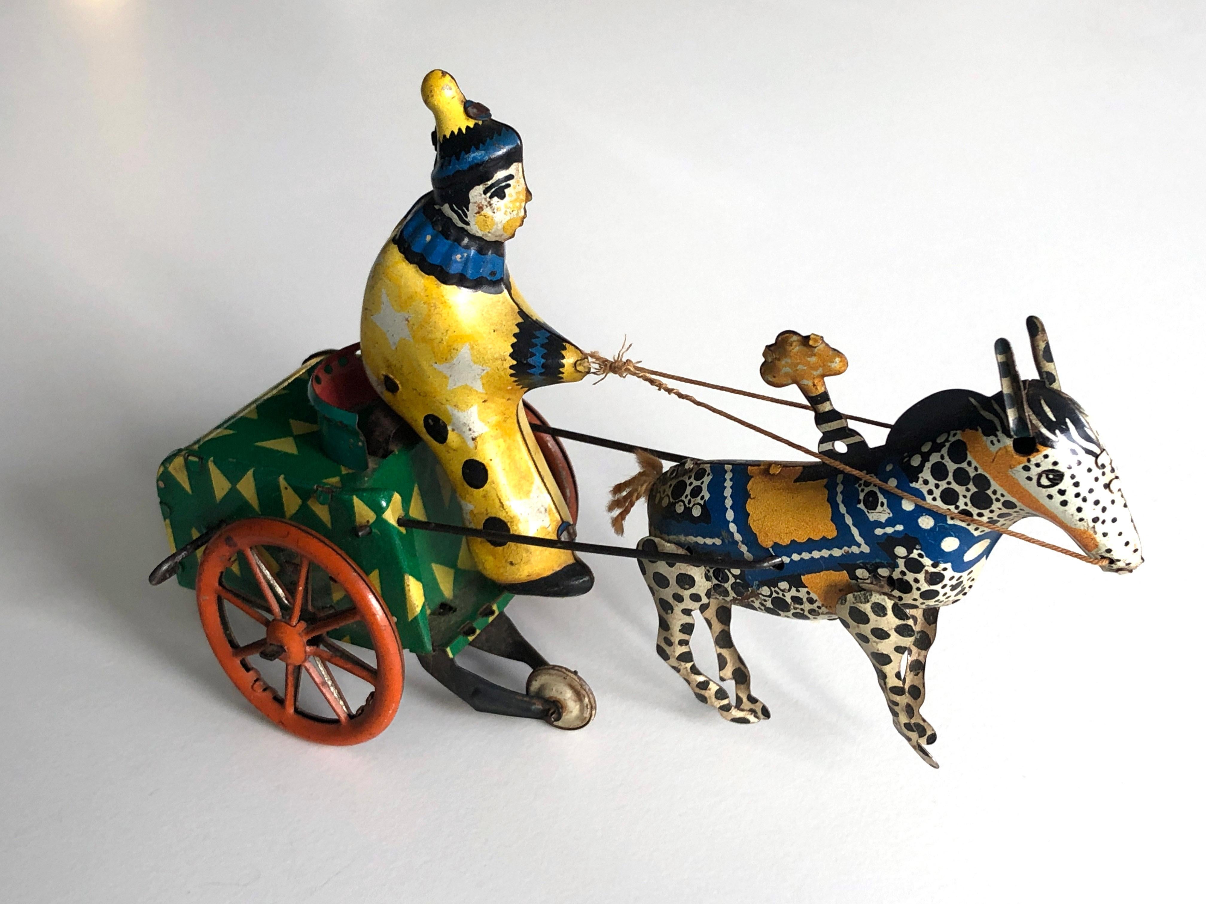 Vintage 1950's USSR Tin Windup Donkey Clown Carriage Toy For Sale 6