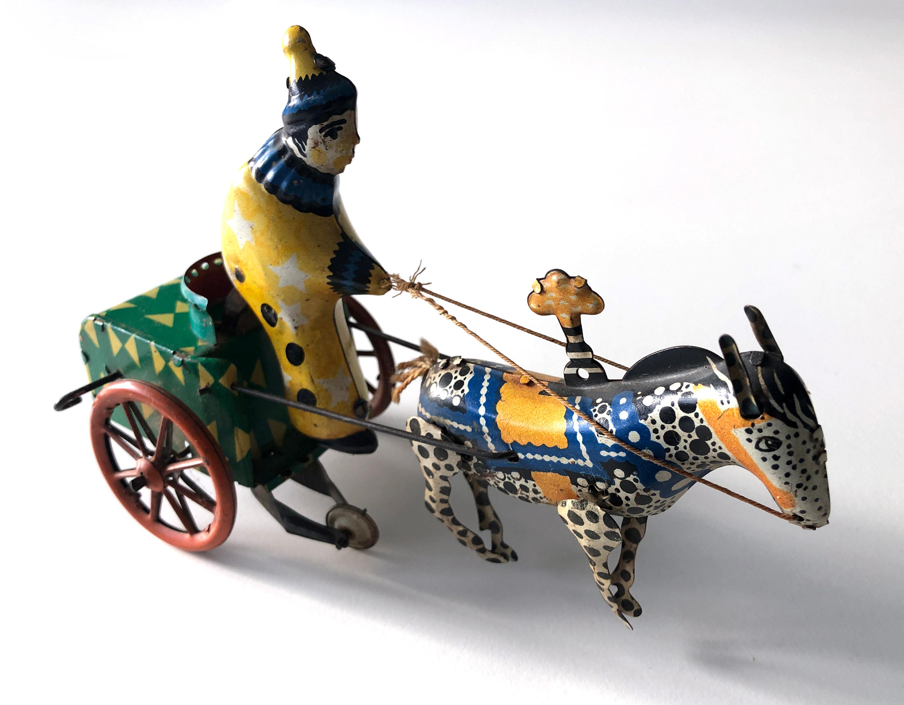 Mid-Century Modern Vintage 1950's USSR Tin Windup Donkey Clown Carriage Toy en vente