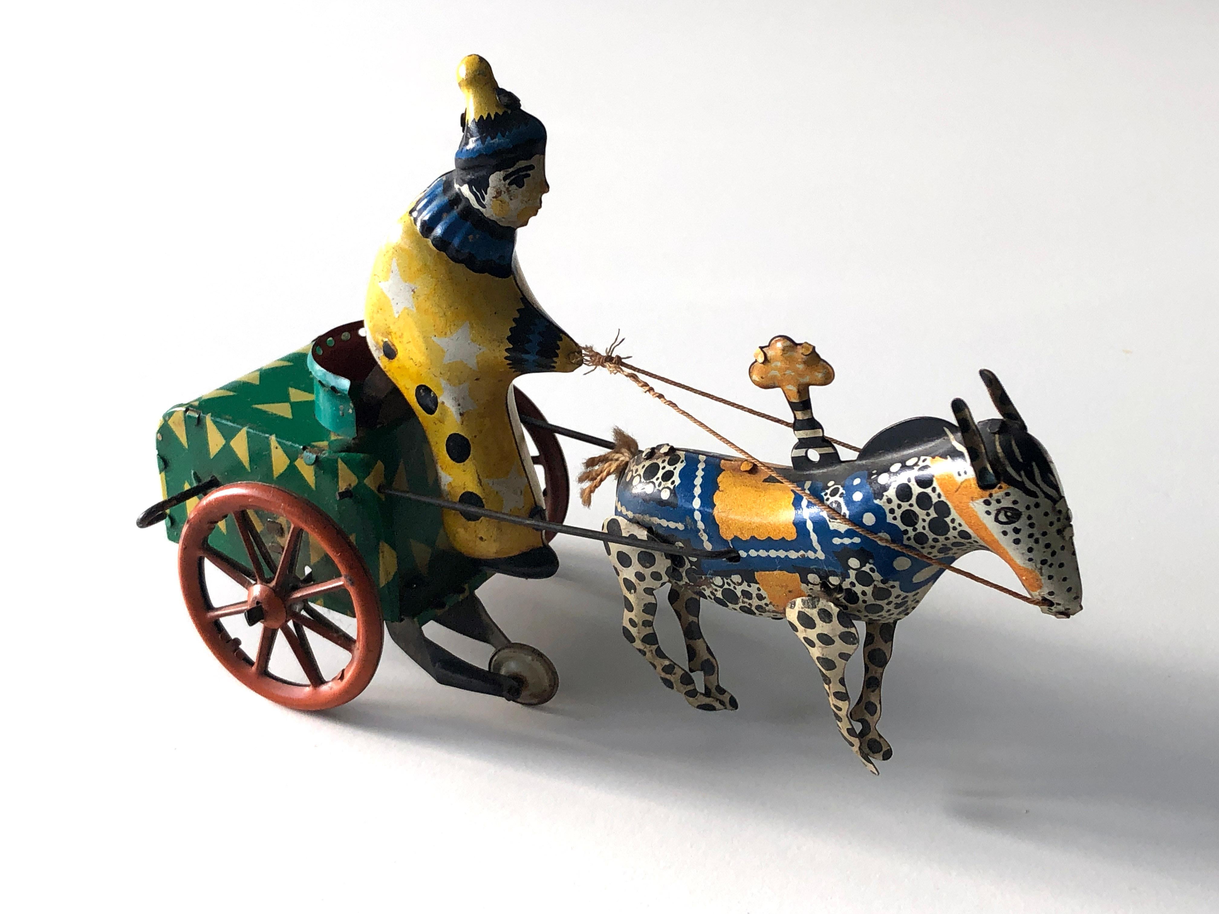 Russe Vintage 1950's USSR Tin Windup Donkey Clown Carriage Toy en vente