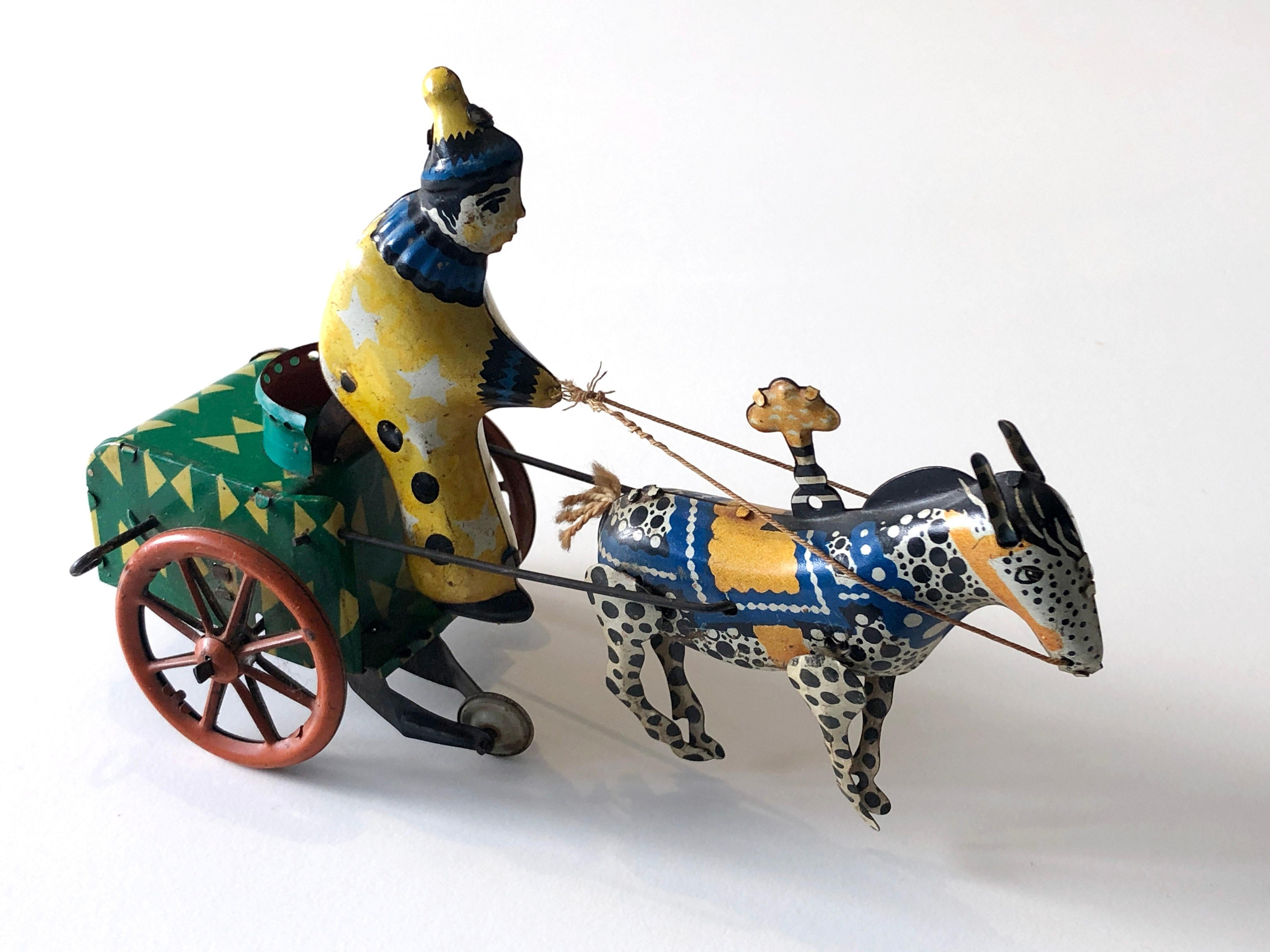 Russian Vintage 1950's USSR Tin Windup Donkey Clown Carriage Toy For Sale