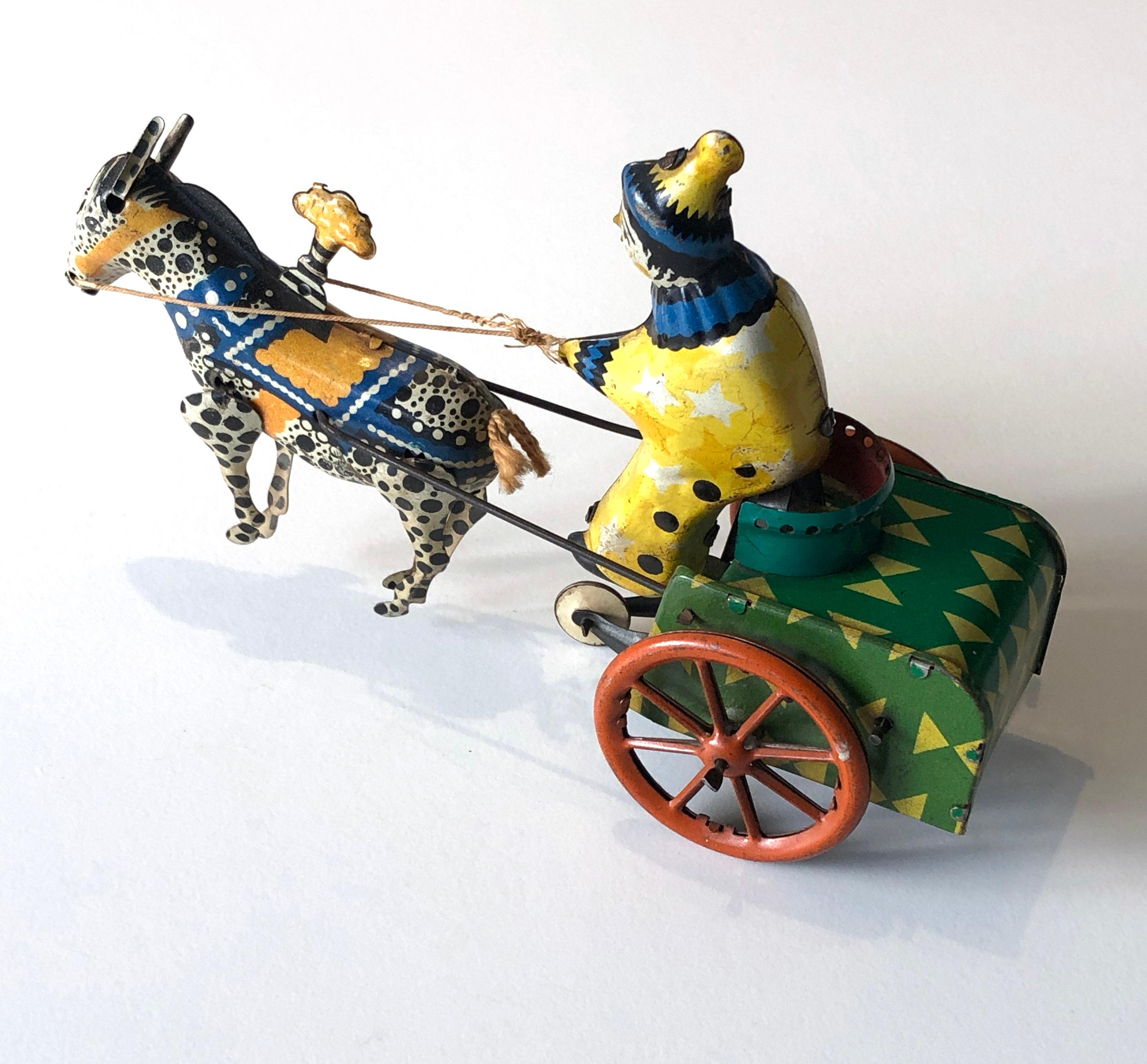 Milieu du XXe siècle Vintage 1950's USSR Tin Windup Donkey Clown Carriage Toy en vente
