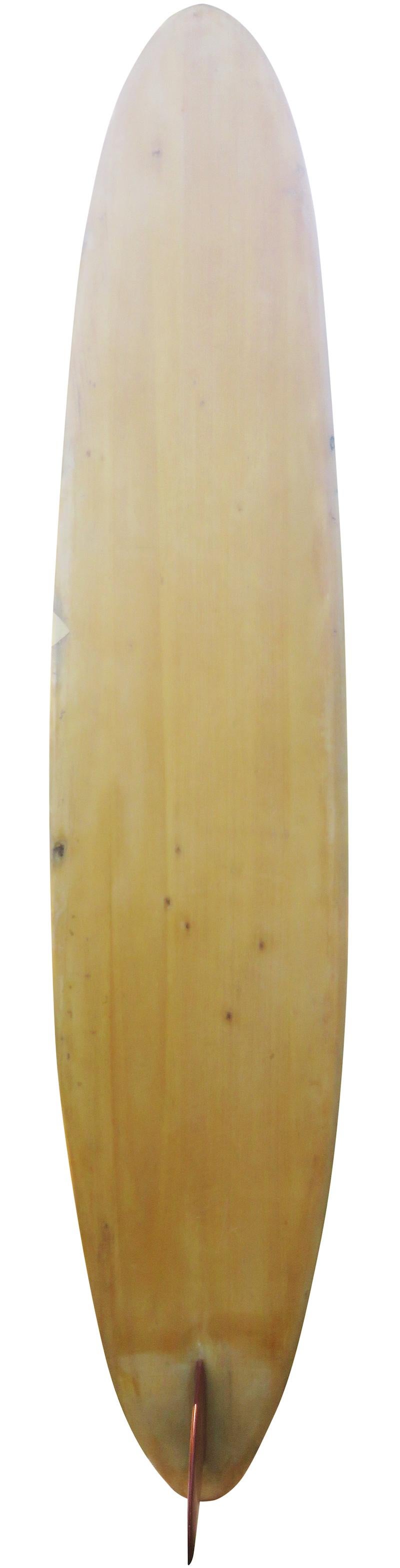 Mid-1950s vintage Velzy and Jacobs solid wood longboard surfboard. Features a balsawood shape with redwood fin and rare Velzy & Jacobs logo variation. Dale Velzy and Hap Jacobs teamed up for a brief period in the mid-1950s to produce wooden