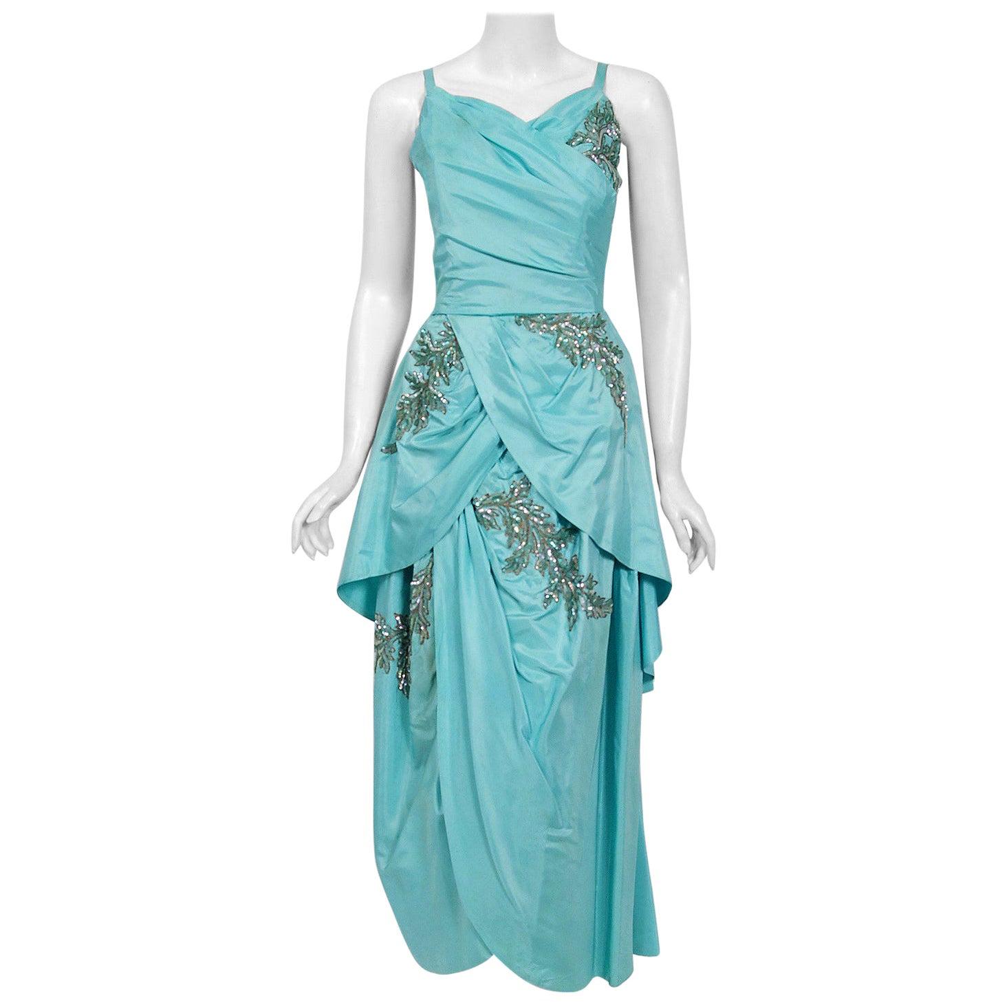 Vintage 1950's Emma Domb Aqua Blue Sequin-Leaves Applique Taffeta Tiered Gown