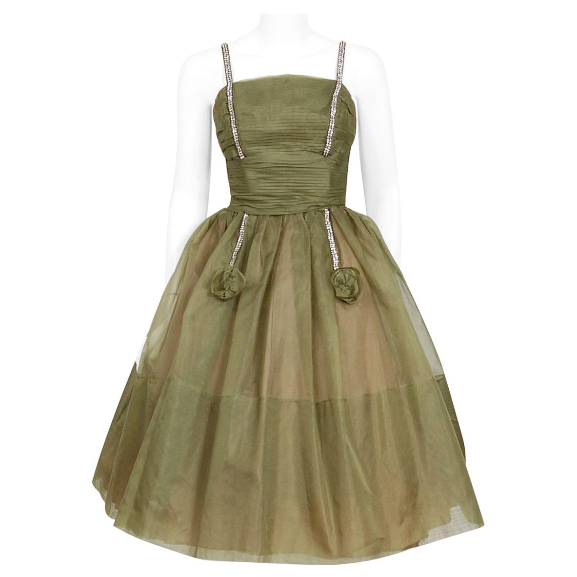 Vintage 1950's Vintage Olive Green Pleated Organza Rhinestone Full-Skirt Dress 