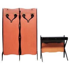 Vintage 1950s Wall-Mounted Coat Rack with Peach-Colored Panel and Black Wooden C