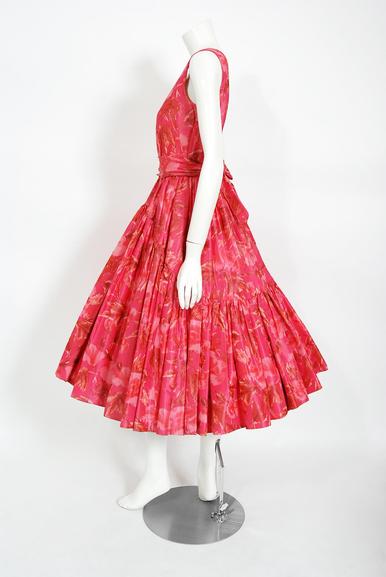 Vintage 1950's Watercolor Pink Floral Silk-Taffeta Pleated Full Skirt Dress  In Good Condition In Beverly Hills, CA