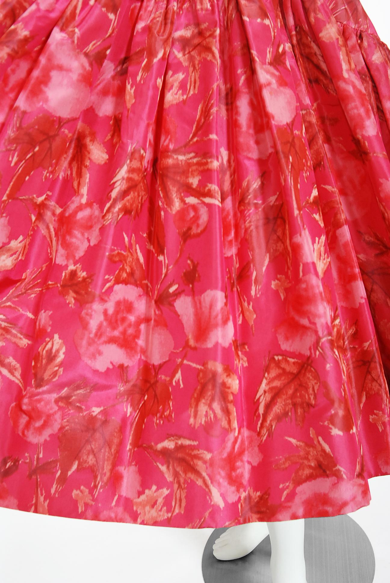 Women's or Men's Vintage 1950's Watercolor Pink Floral Silk-Taffeta Pleated Full Skirt Dress 
