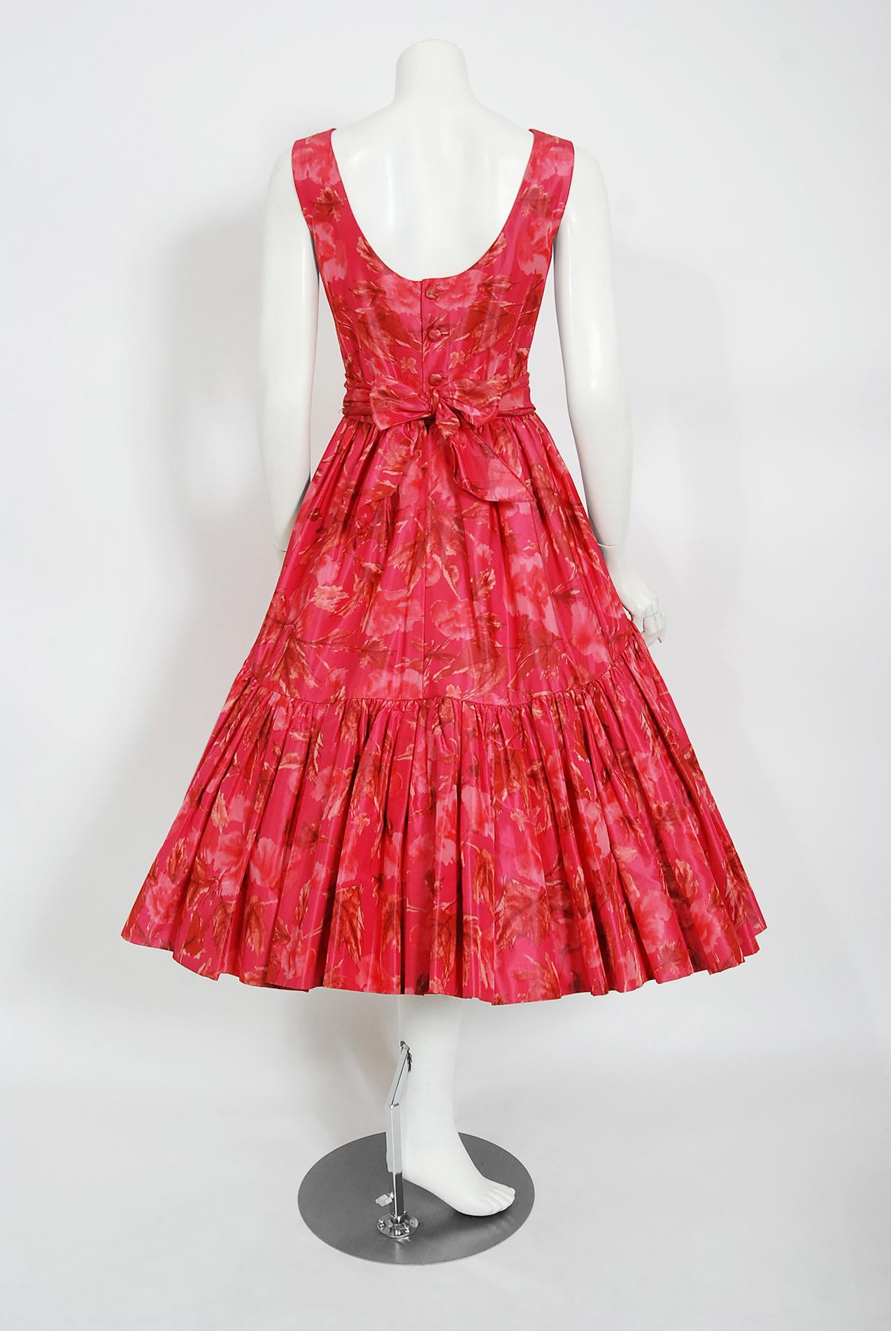 Vintage 1950's Watercolor Pink Floral Silk-Taffeta Pleated Full Skirt Dress  1