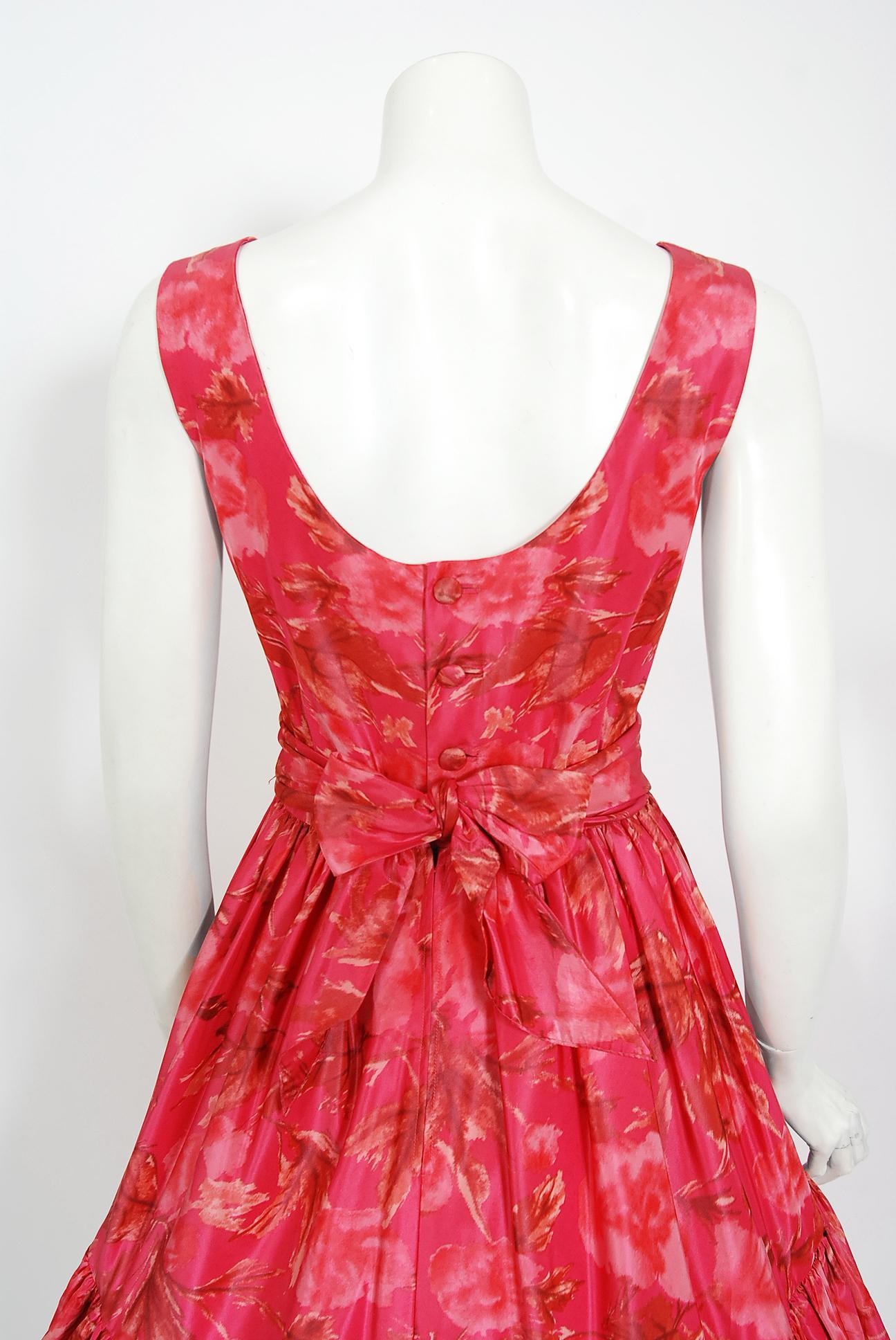 Vintage 1950's Watercolor Pink Floral Silk-Taffeta Pleated Full Skirt Dress  2