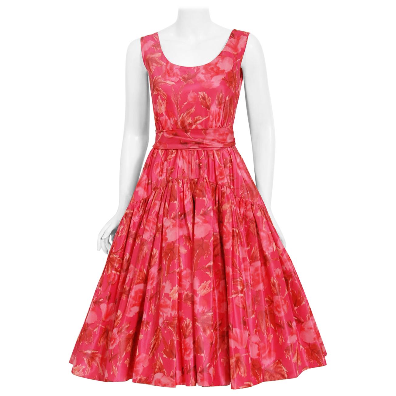 Vintage 1950's Watercolor Pink Floral Silk-Taffeta Pleated Full Skirt Dress 