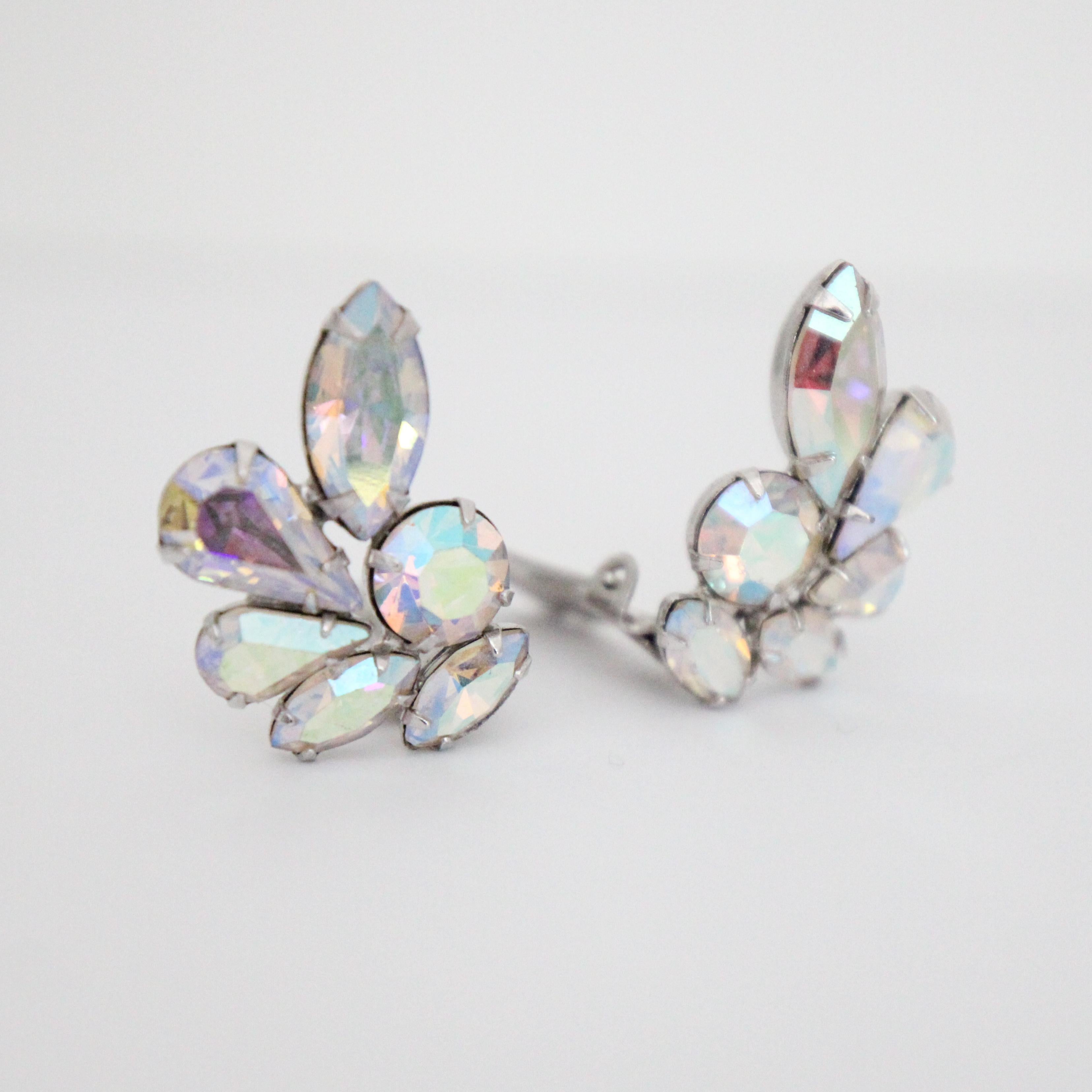 Art Deco Vintage 1950's Weiss Clip on Earring Iridescent Rhinestone Weiss Earrings For Sale