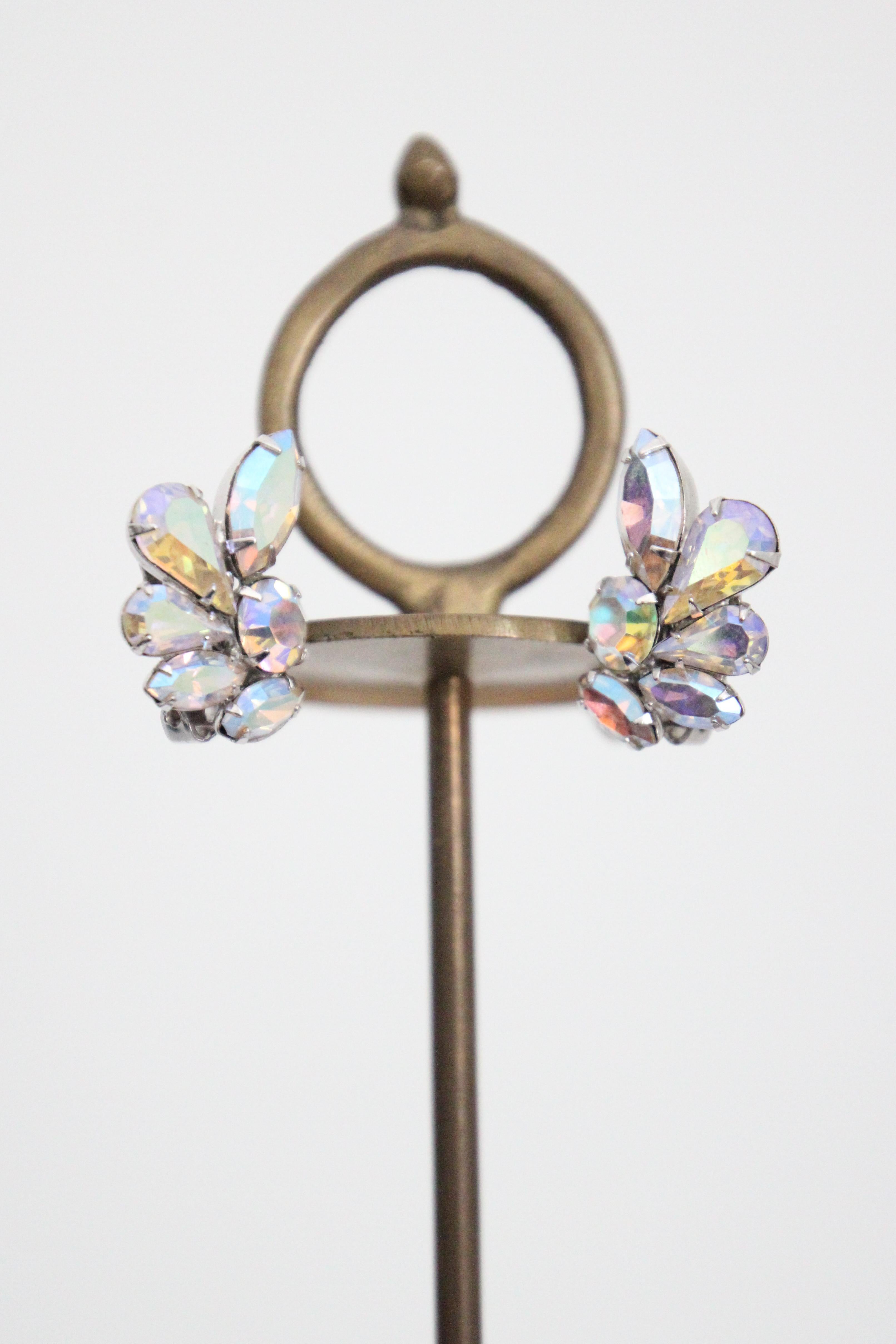 Women's or Men's Vintage 1950's Weiss Clip on Earring Iridescent Rhinestone Weiss Earrings For Sale