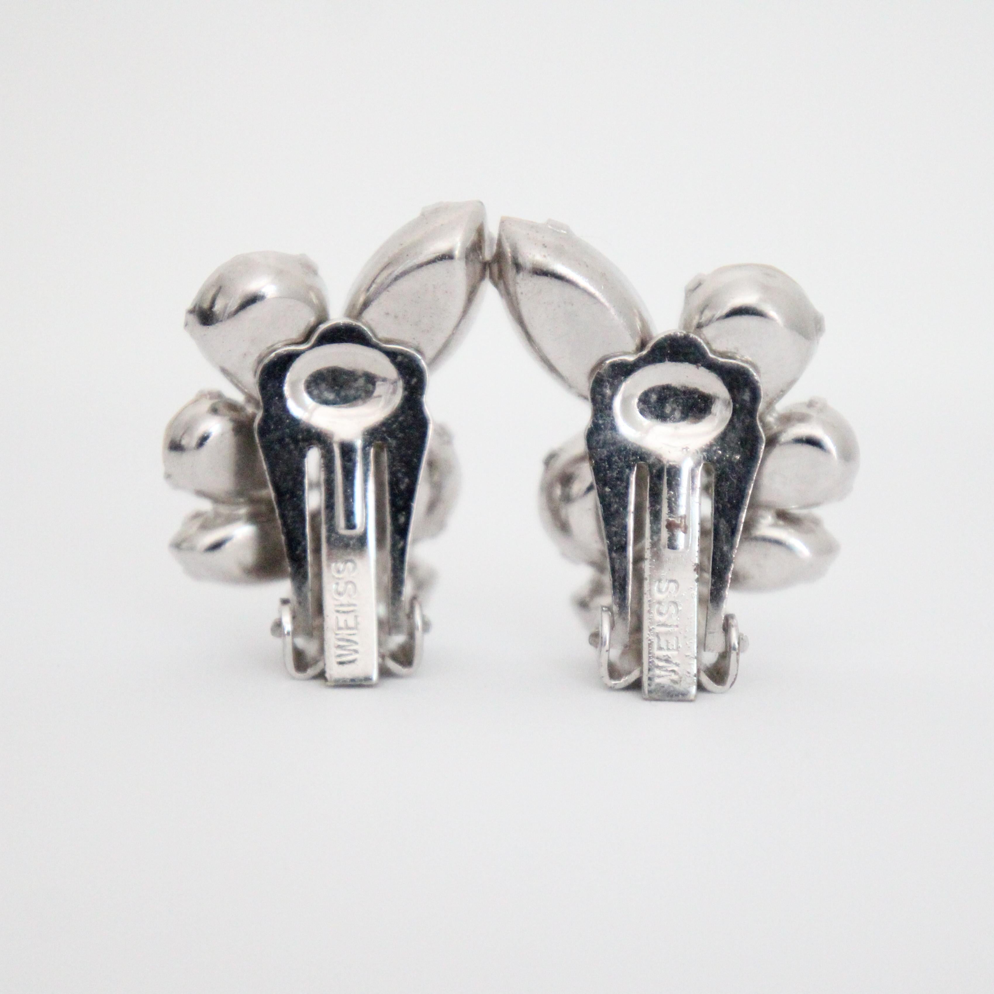 Vintage 1950's Weiss Clip on Earring Iridescent Rhinestone Weiss Earrings For Sale 1