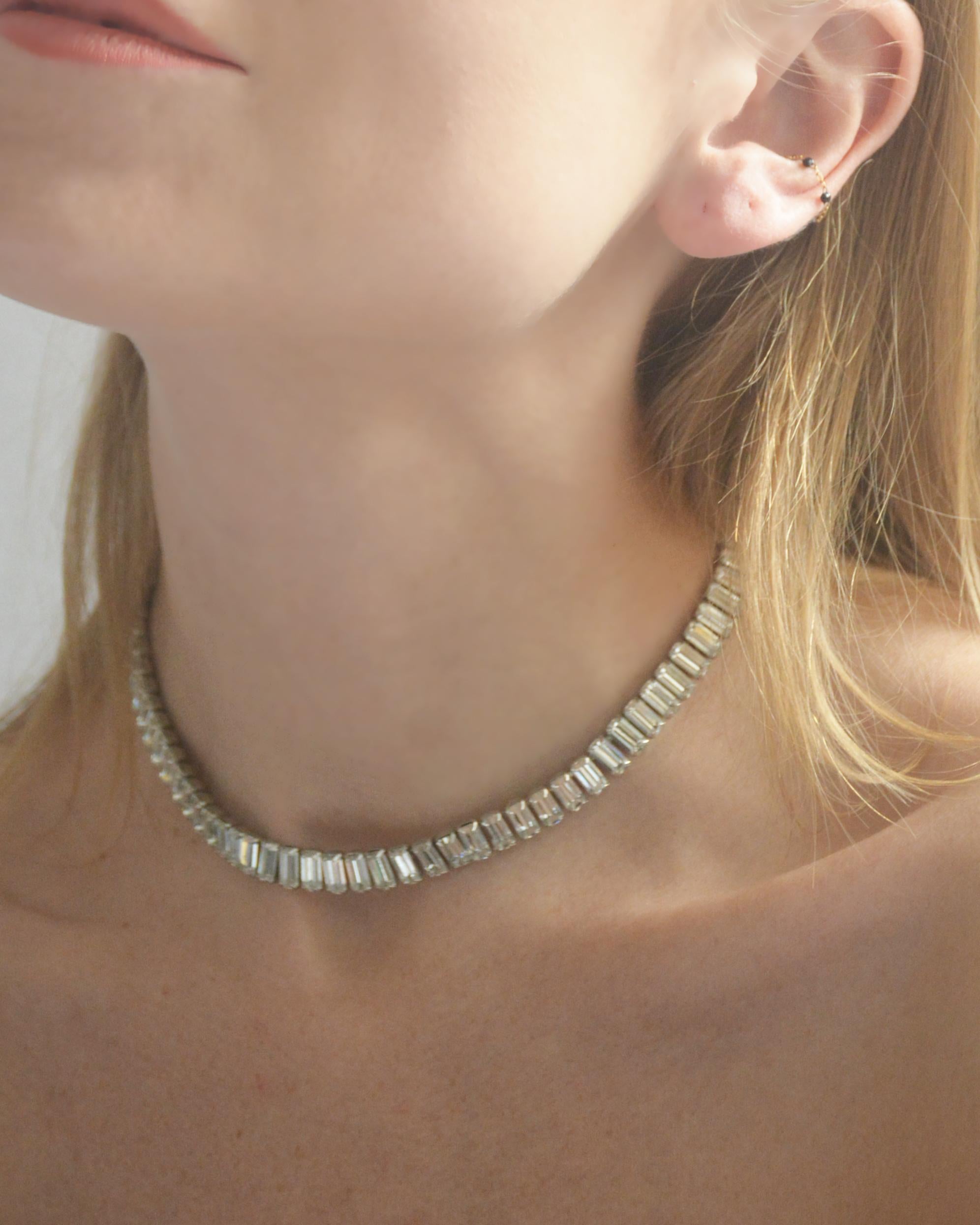 Made in the 1950s by Weiss, this diamanté  baguette choker is a serious show-stopper. Weiss is known for their high quality costume jewelry from this era, crafted with handmade construction techniques which today are reserved for fine jewelry—