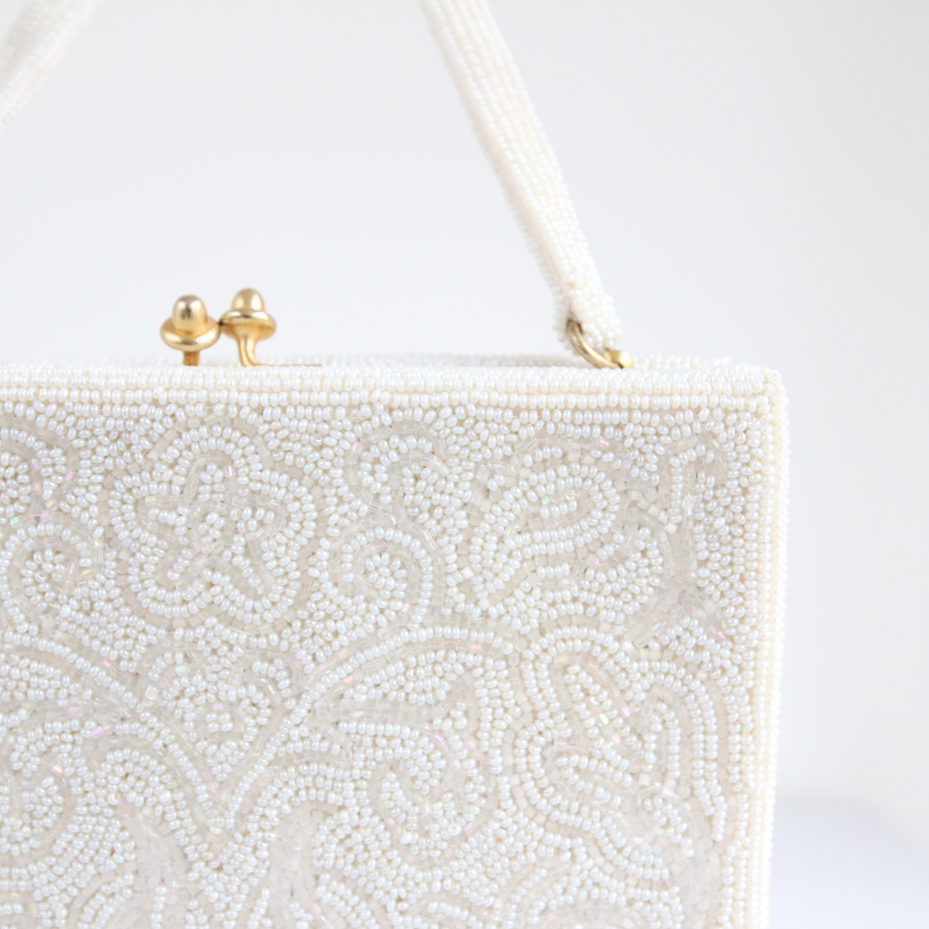 White Vintage 1950's white beaded floral iridescent box bag original 1950's handbag
