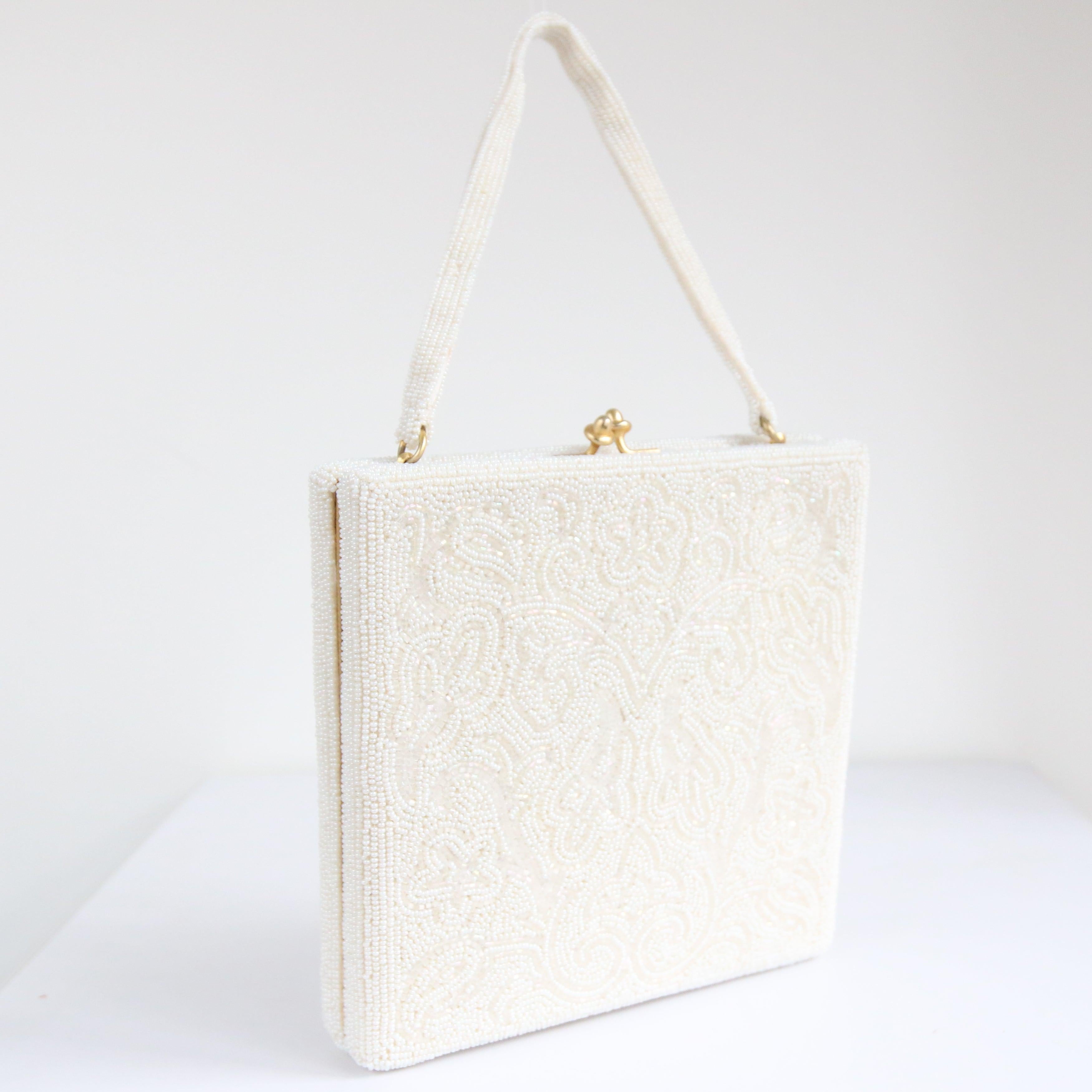 Vintage 1950's white beaded floral iridescent box bag original 1950's handbag In Excellent Condition In Cheltenham, GB
