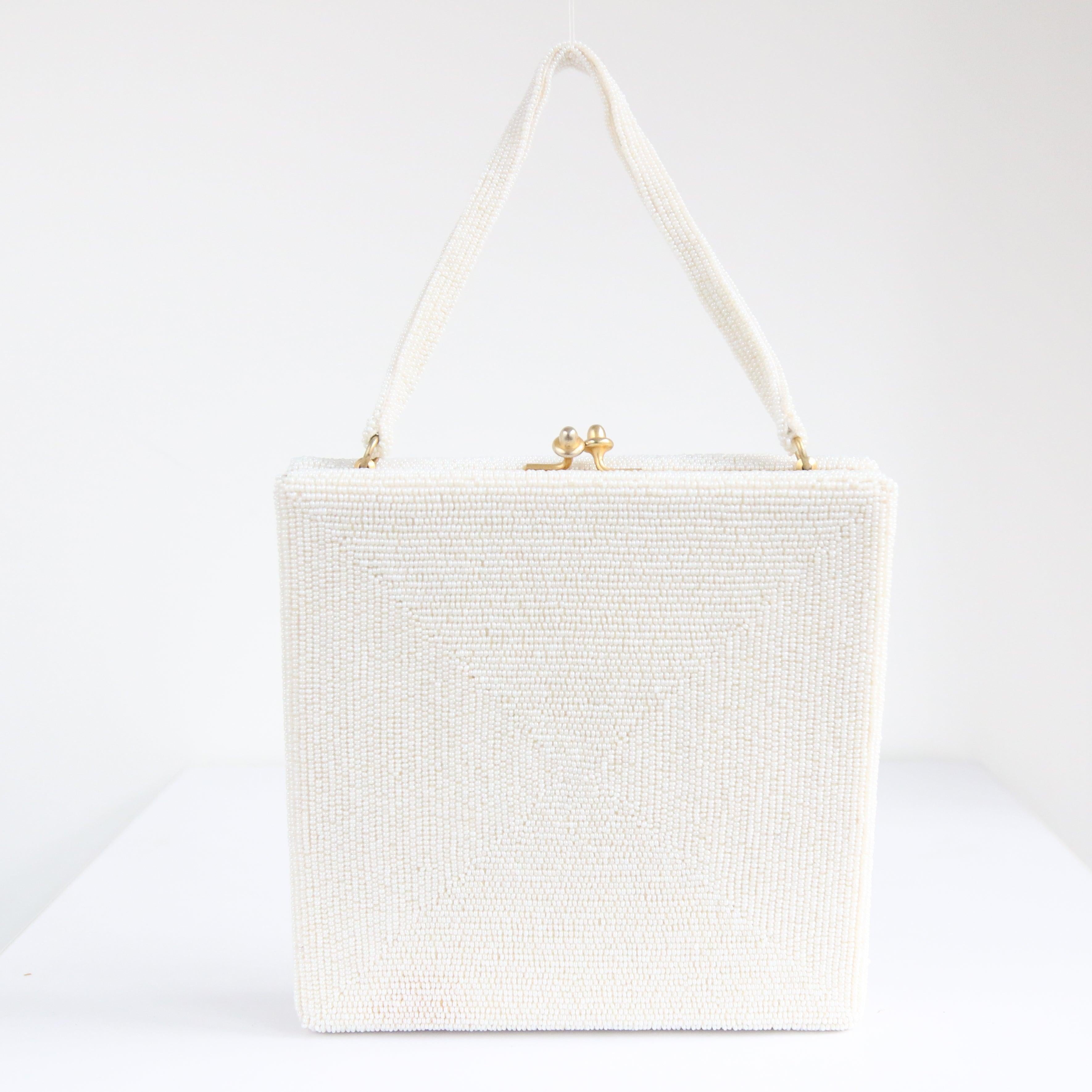 Women's or Men's Vintage 1950's white beaded floral iridescent box bag original 1950's handbag