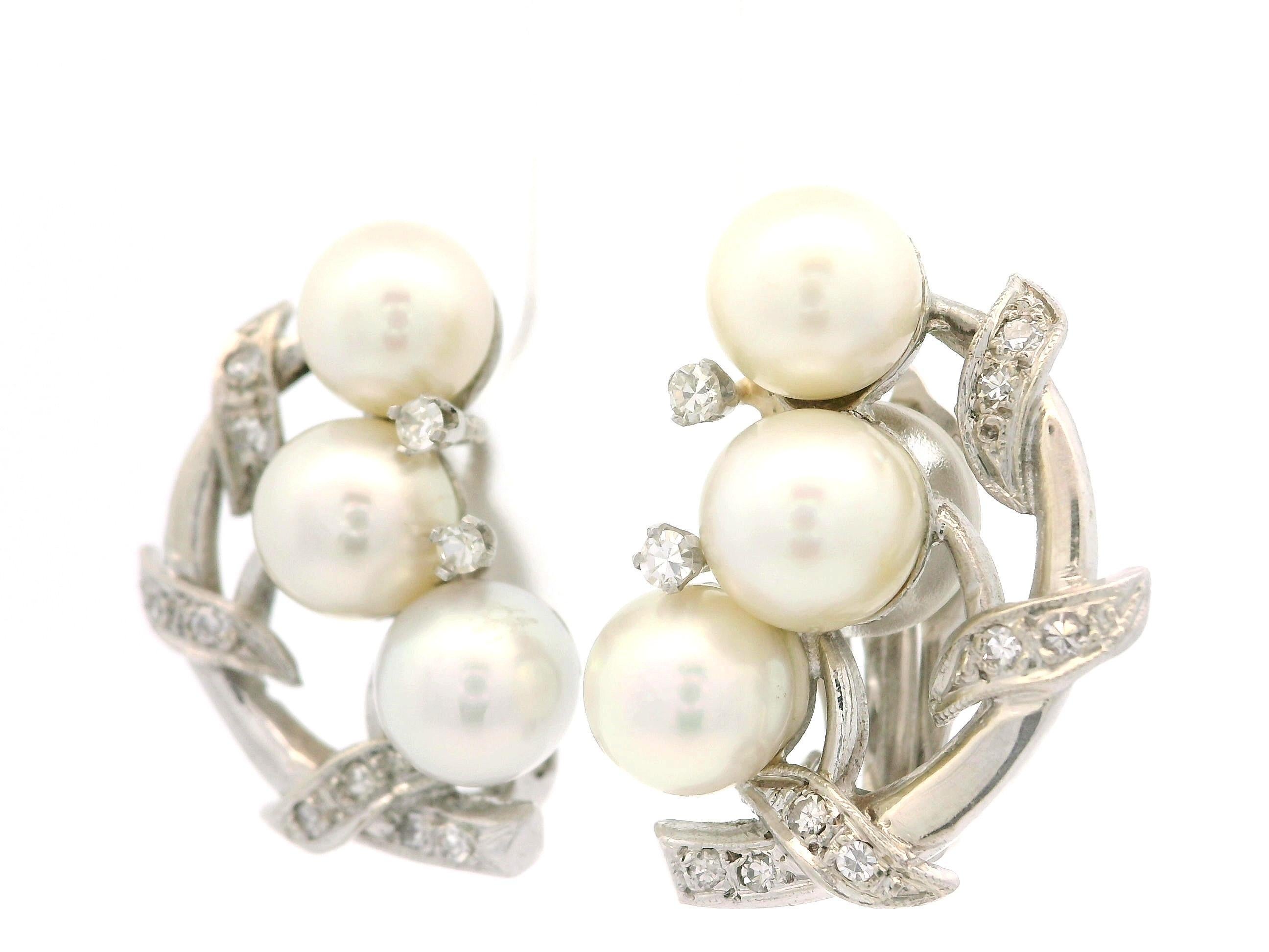 Vintage 1950's White Gold Pearl & 0.26ctw Diamond Leaf Foliage Omega Earrings 5