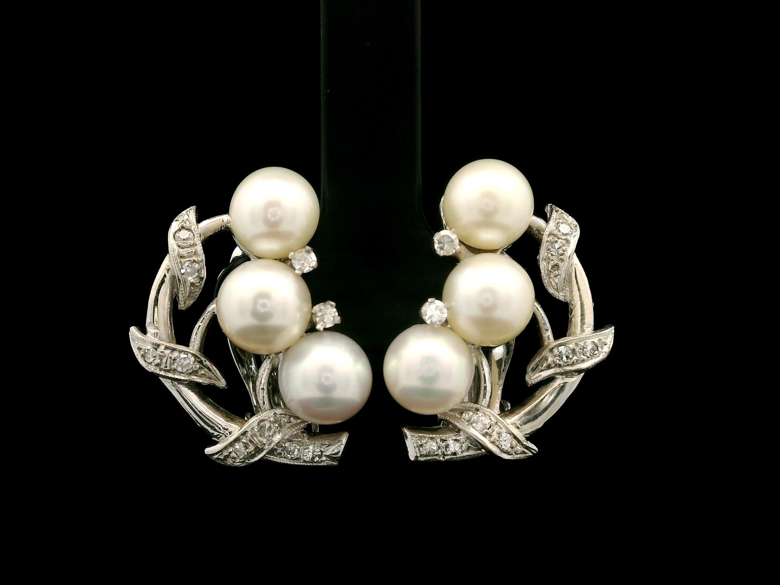 Round Cut Vintage 1950's White Gold Pearl & 0.26ctw Diamond Leaf Foliage Omega Earrings
