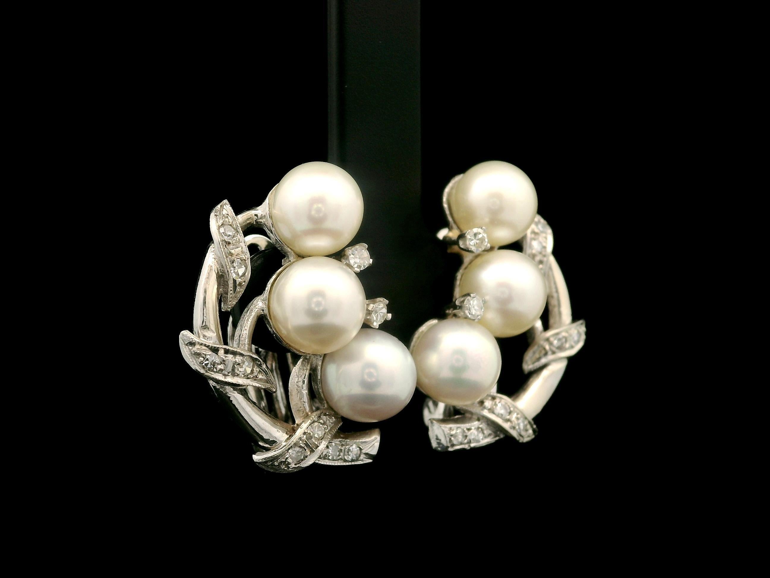 Vintage 1950's White Gold Pearl & 0.26ctw Diamond Leaf Foliage Omega Earrings In Good Condition In Montclair, NJ