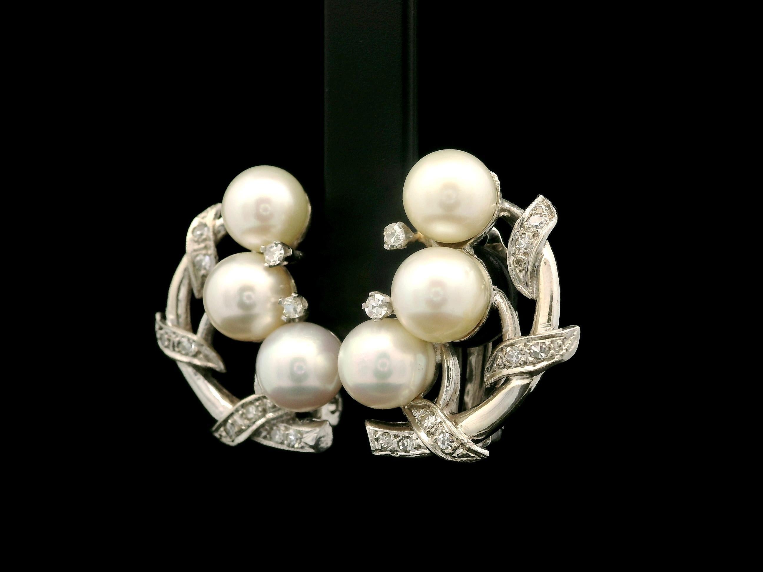Women's Vintage 1950's White Gold Pearl & 0.26ctw Diamond Leaf Foliage Omega Earrings