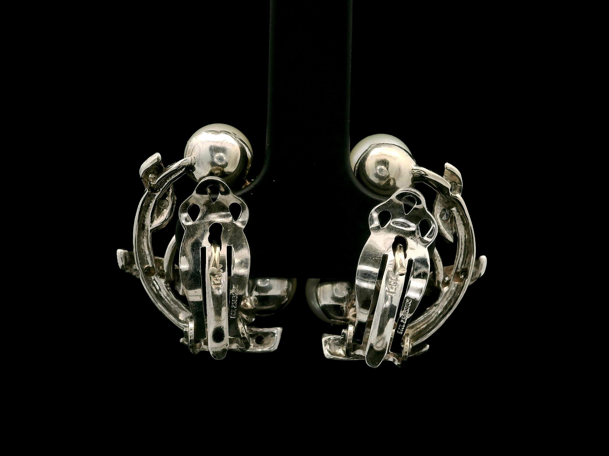 Vintage 1950's White Gold Pearl & 0.26ctw Diamond Leaf Foliage Omega Earrings 2