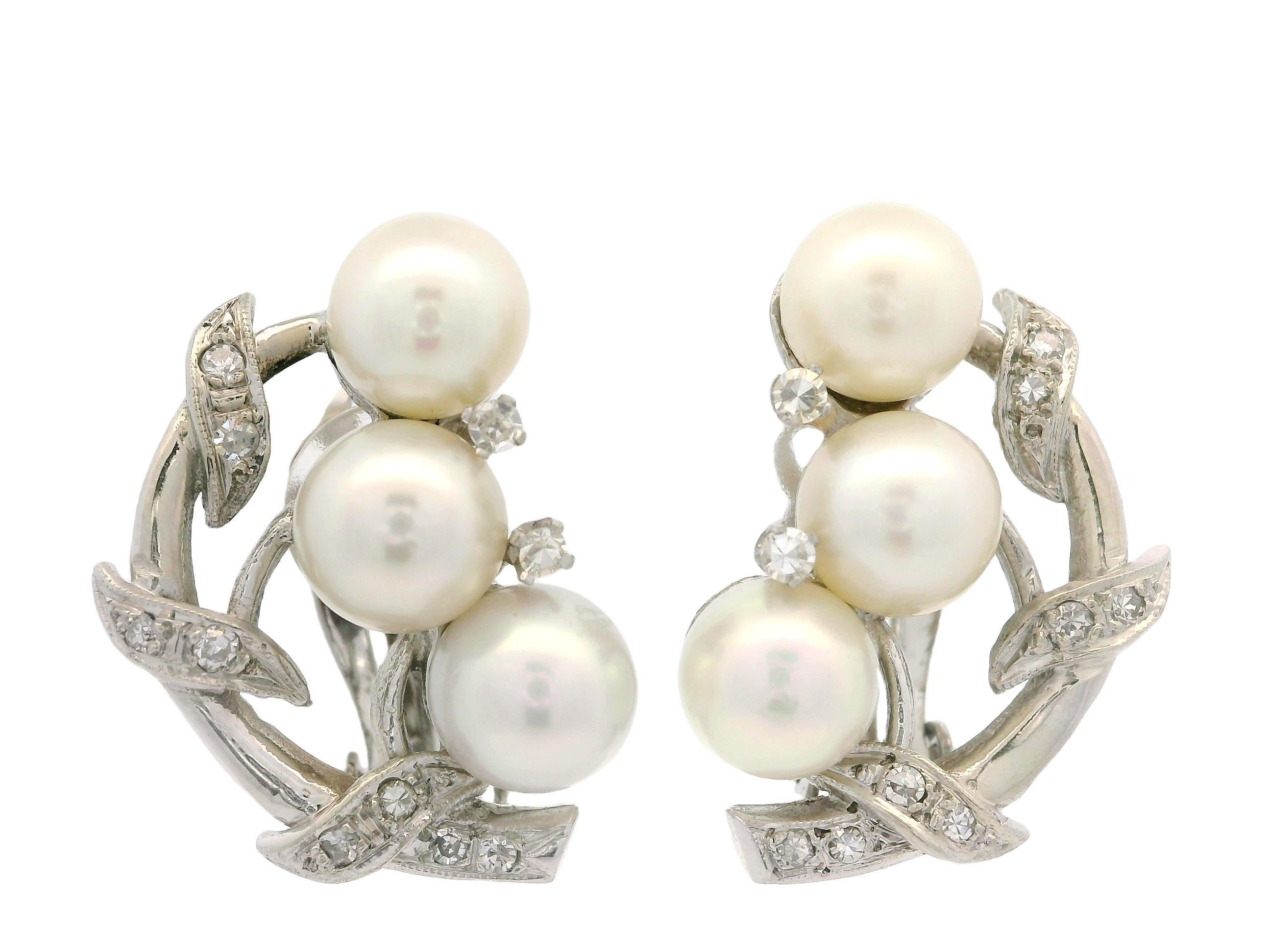 Vintage 1950's White Gold Pearl & 0.26ctw Diamond Leaf Foliage Omega Earrings 3