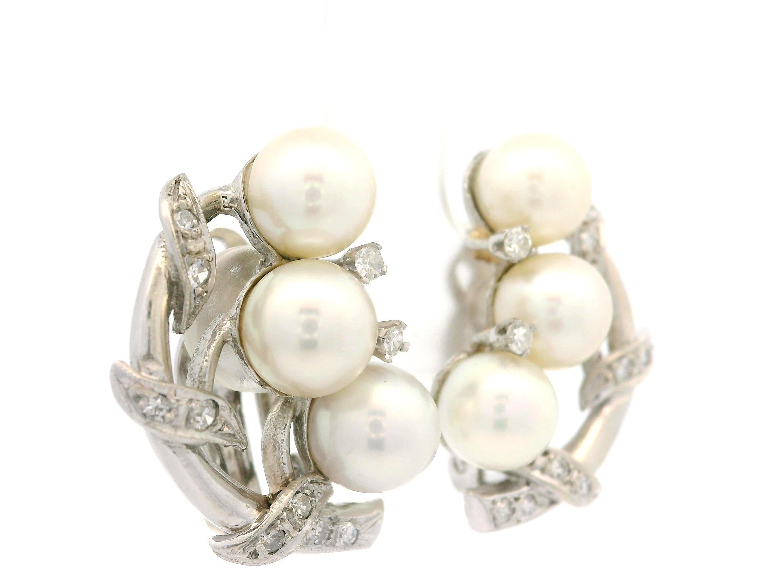 Vintage 1950's White Gold Pearl & 0.26ctw Diamond Leaf Foliage Omega Earrings 4