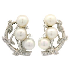 Vintage 1950's White Gold Pearl & 0.26ctw Diamond Leaf Foliage Omega Earrings