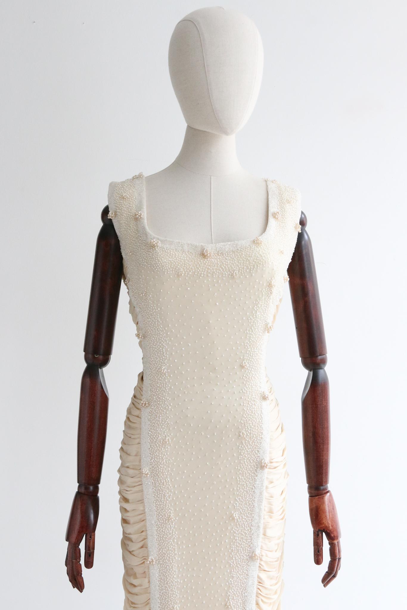Beige Vintage 1950's wiggle dress pleated silk jersey beaded fitted dress UK 12 US 8 