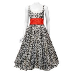 Vintage 1950's Will Steinman Embroidered Ivory Chiffon Sash-Bow Full Skirt Dress