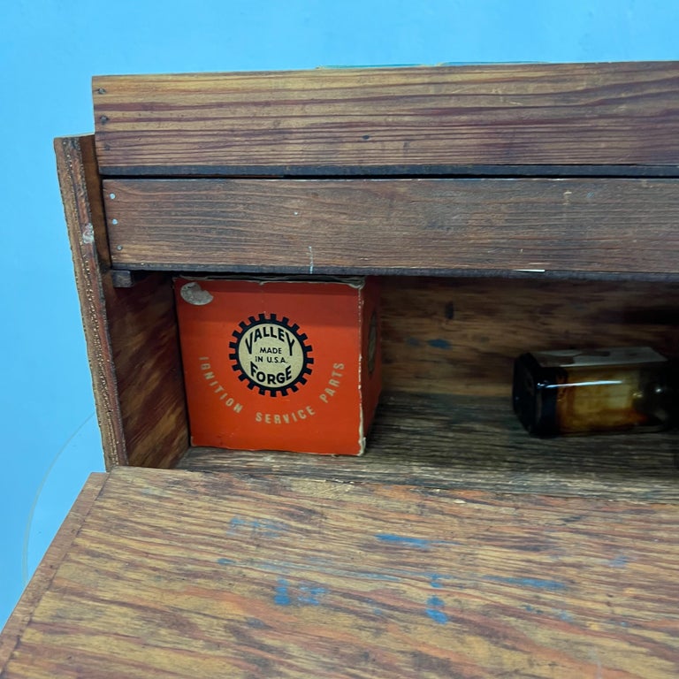 American Vintage 1950s Wood Box Art Craft Supply Filled Compartments Portable Travel Case For Sale